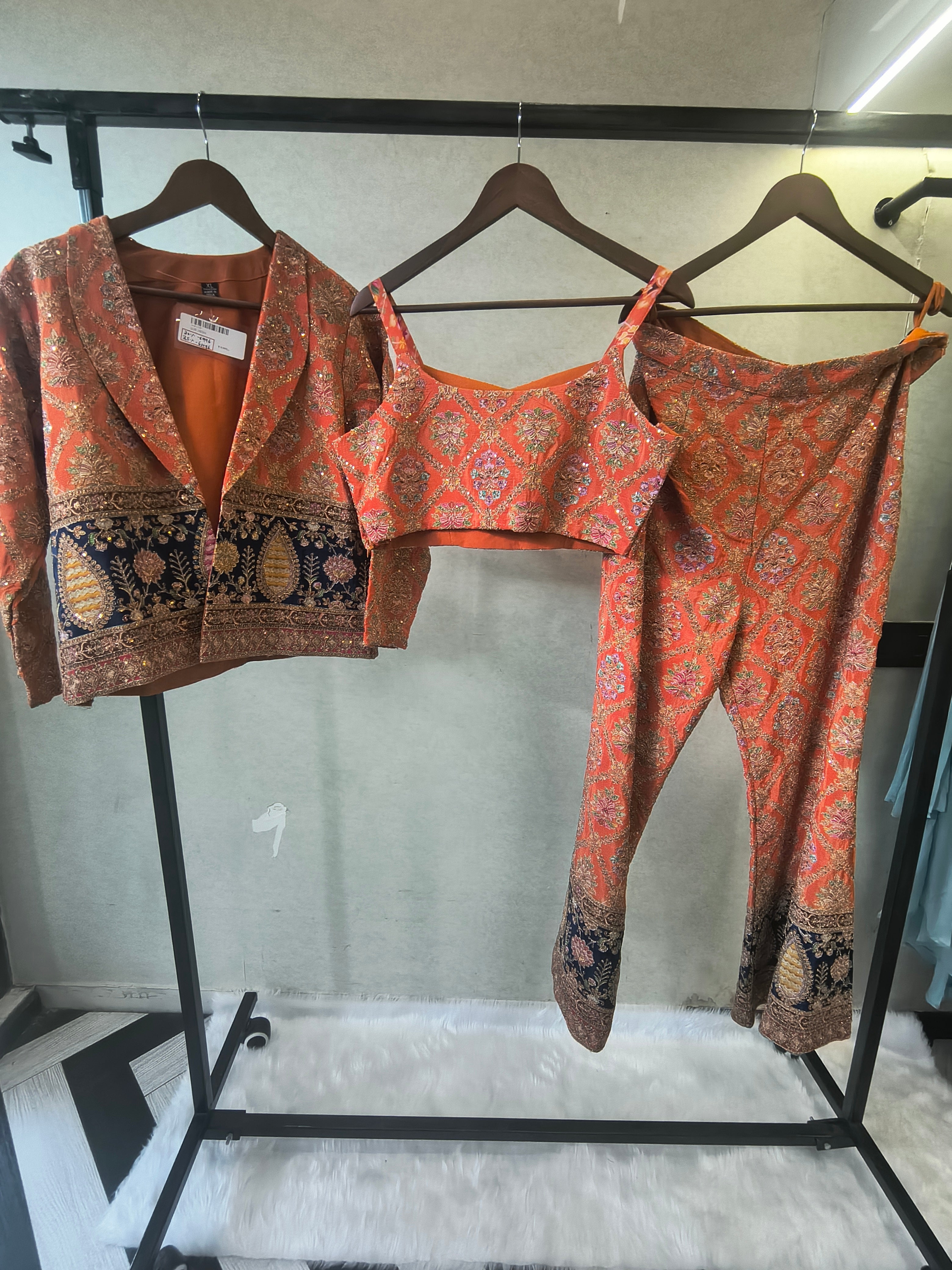 Image of Luxury Coral Brocade Bralette with Embroidered Jacket & Designer Brocade Pants – 3 Piece Indo-Western Co-Ord Set