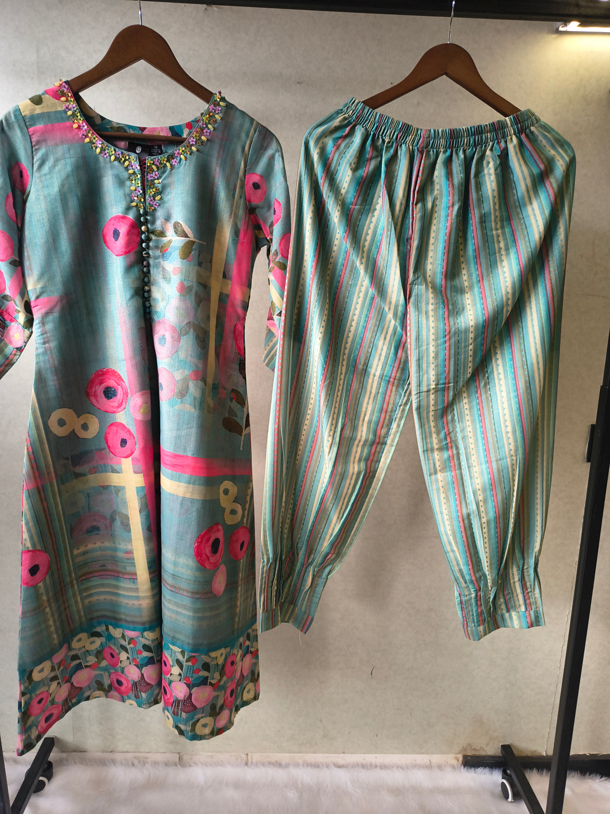 Premium Aqua Blue Artistic Printed Kurta with Striped Pants Co-Ord Set