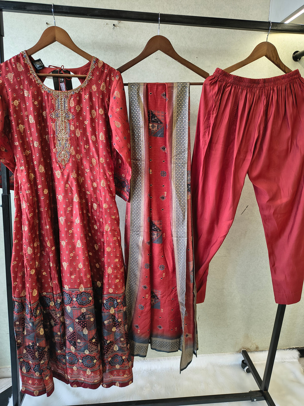 Rust Maroon Ethnic Printed Designer Kurta Set with Woven Dupatta | Premium 3 Piece Festive Suit