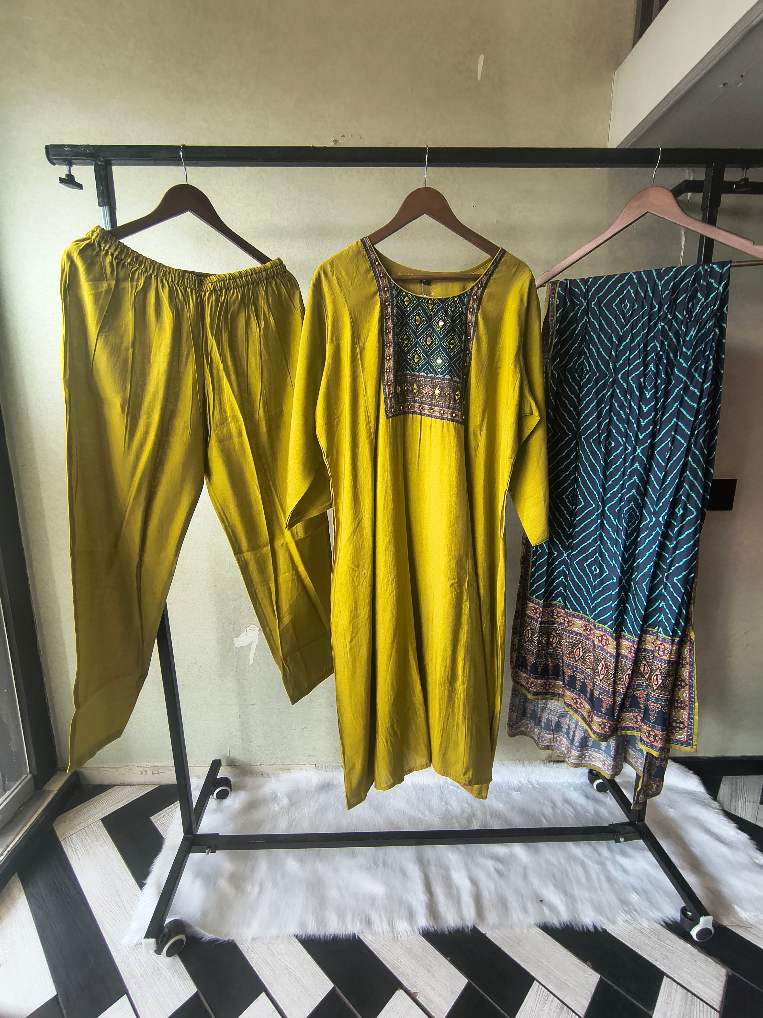 Image of Premium Olive Green Straight Kurta Set with Designer Woven Yoke, Solid Pants & Geometric Printed Dupatta