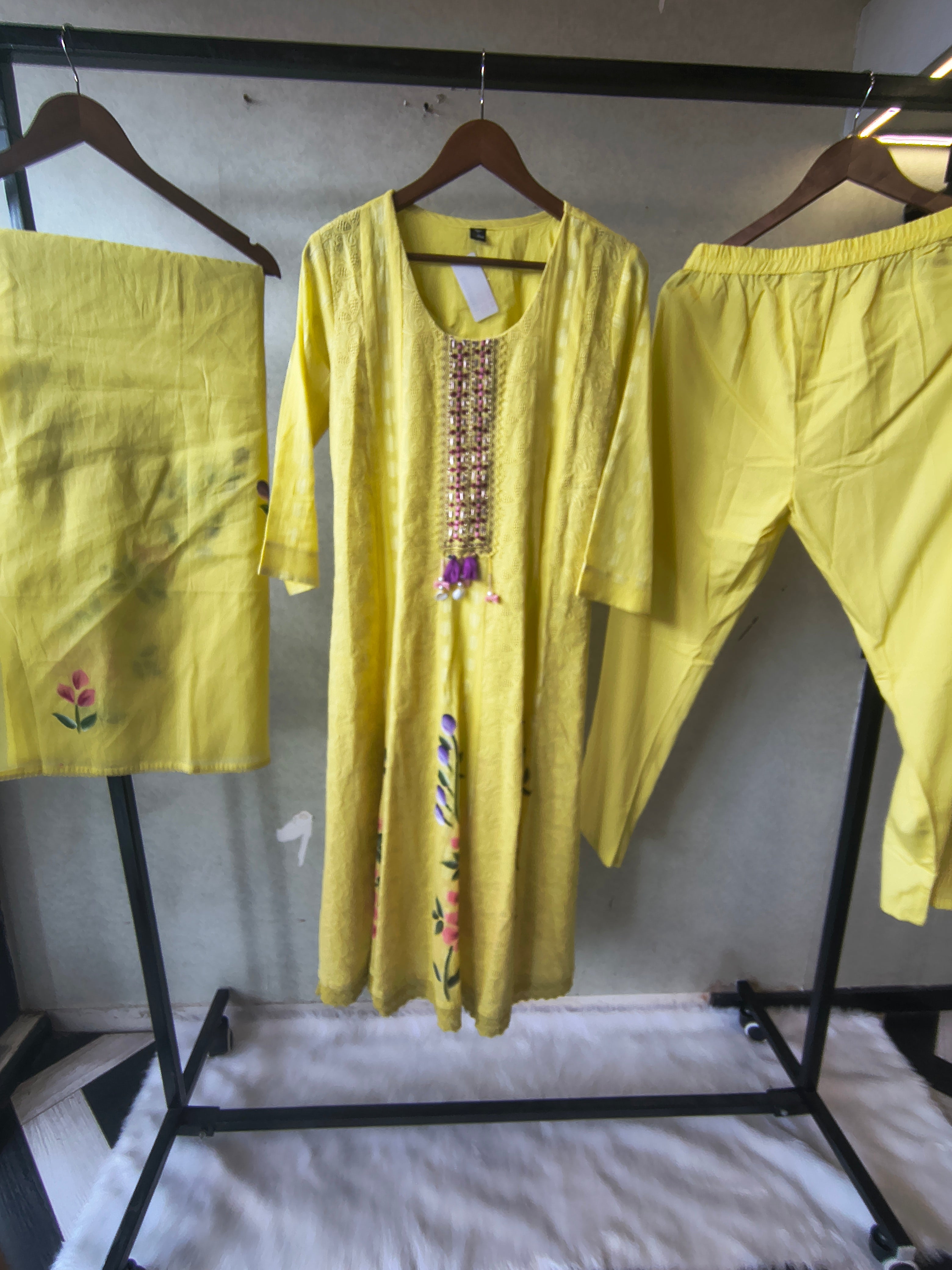 Image of Premium Sunshine Yellow Schiffli Embroidered Kurta Set with Floral Handwork & Dupatta