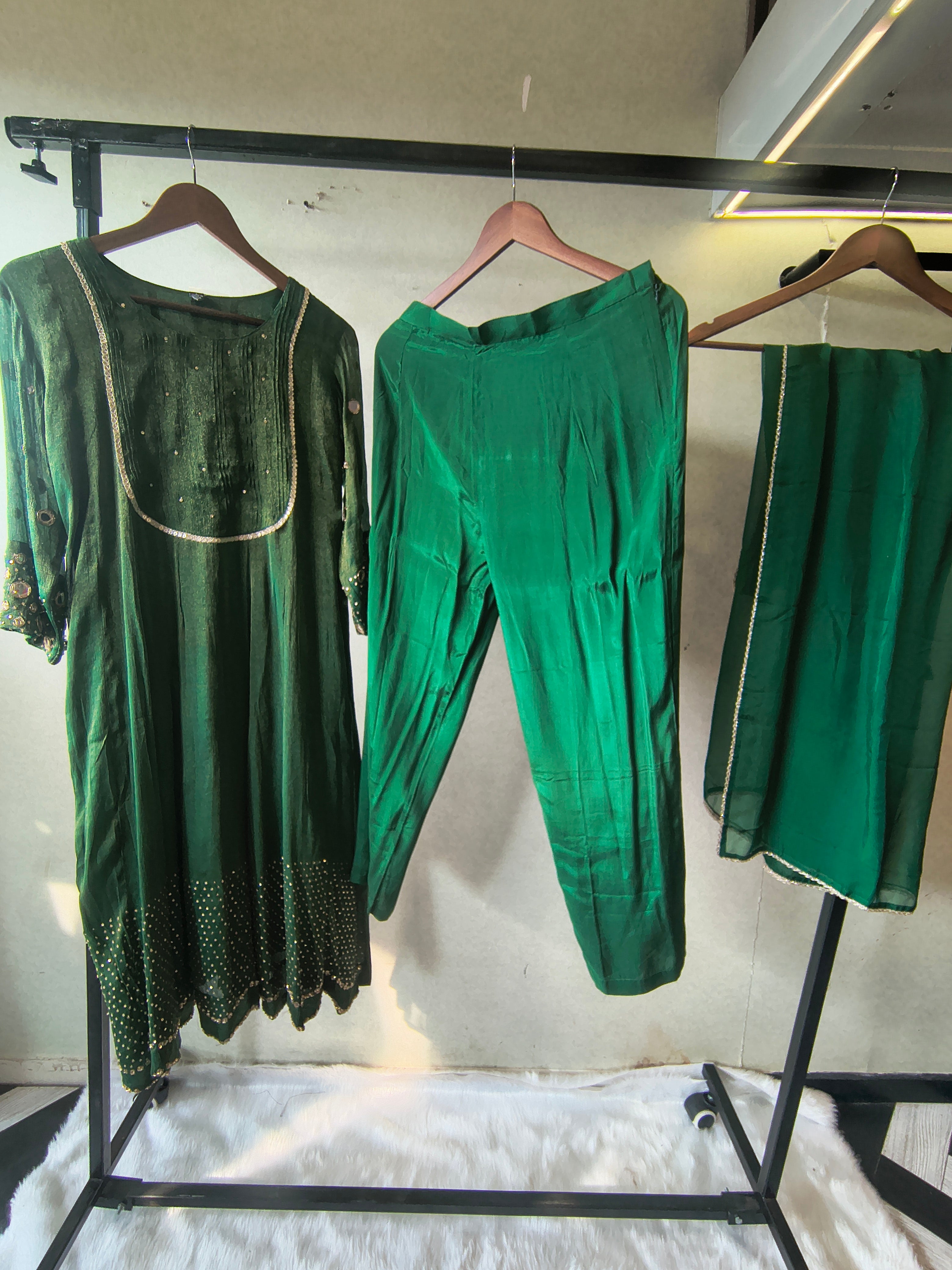 Image of Emerald Green Georgette Anarkali Suit Set with Pintuck Yoke, Sequin Detailing & Lace Border Dupatta – Premium 3 Piece Ethnic Ensemble