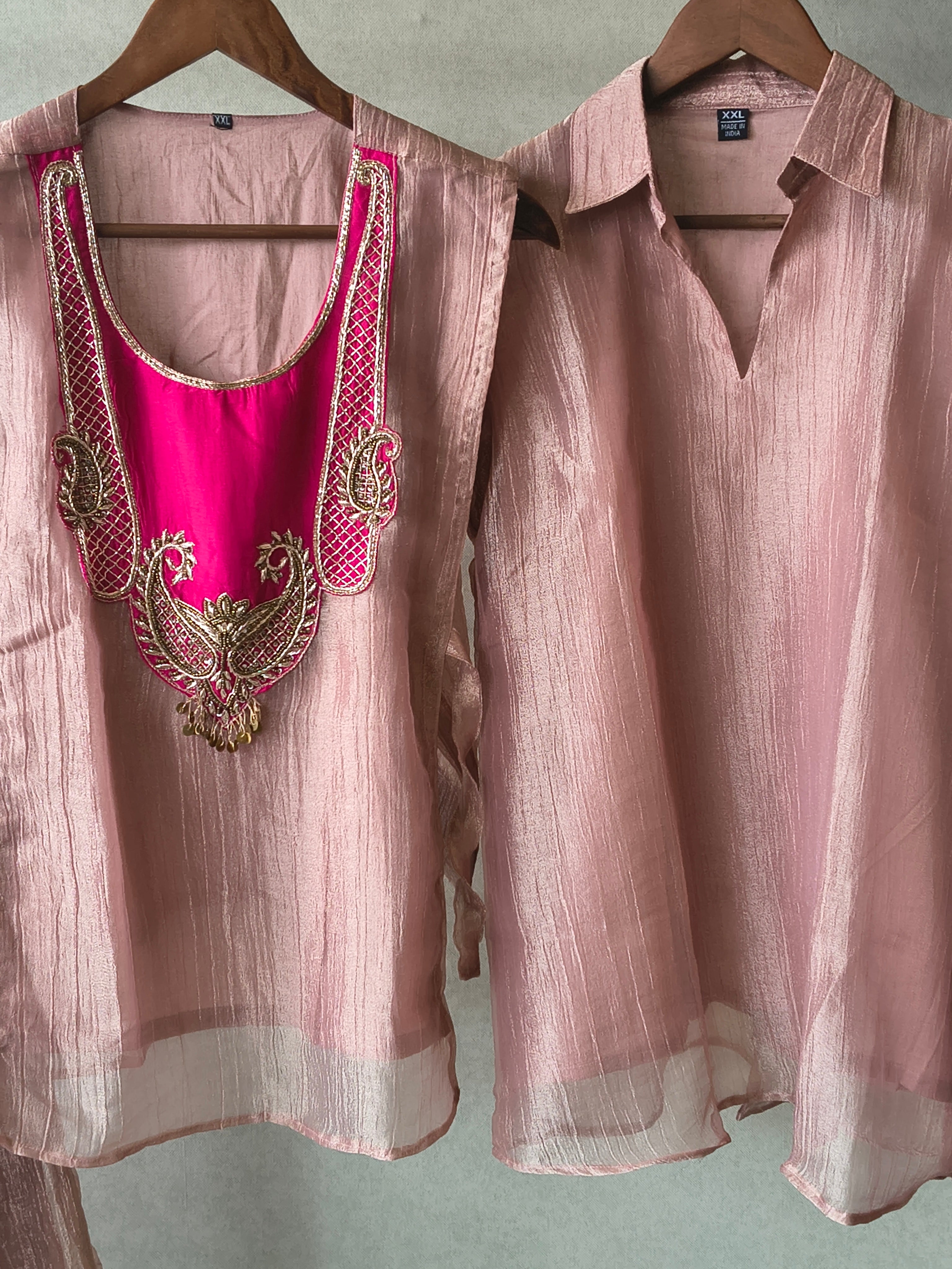 Image of Premium Rose Gold Tissue Silk 3-Piece Co-Ord Set with Hand Embellished Jacket, Inner & Palazzo