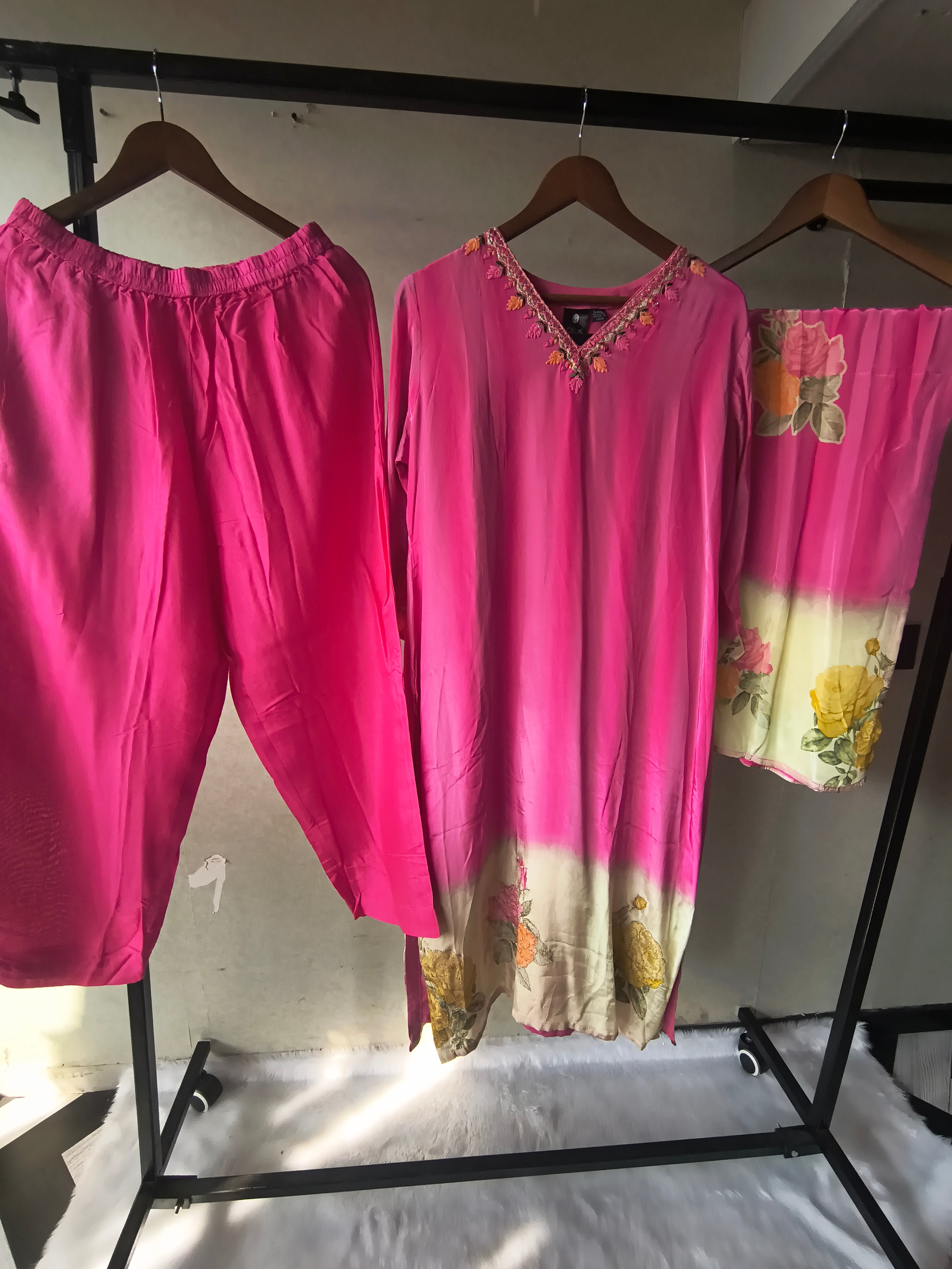 Image of Premium Fuchsia Pink Floral Embroidered Kurta Set with Printed Dupatta