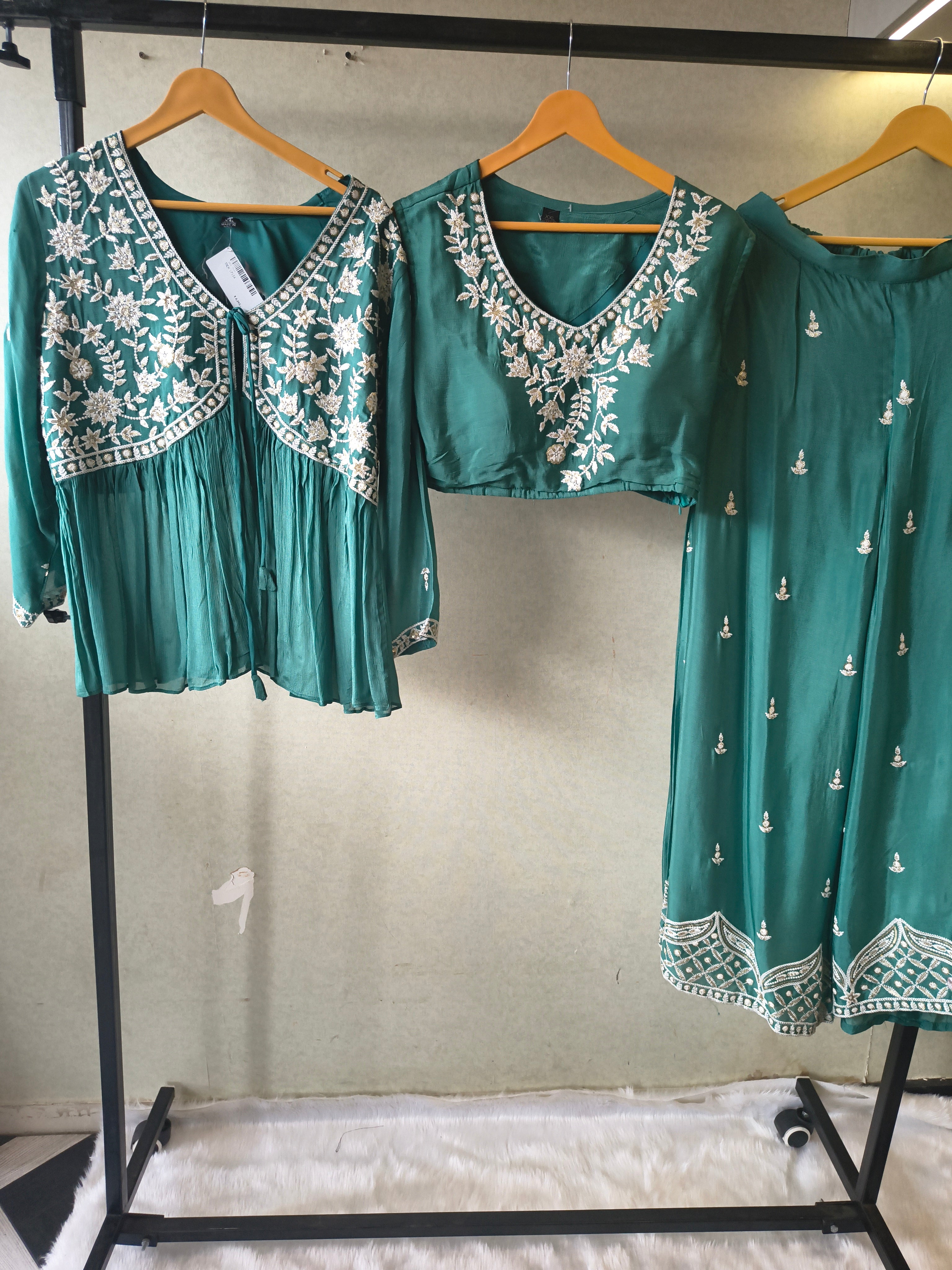 Image of Emerald Green Embroidered Peplum Jacket with Blouse & Flared Palazzo – Designer 3 Piece Indo-Western Set