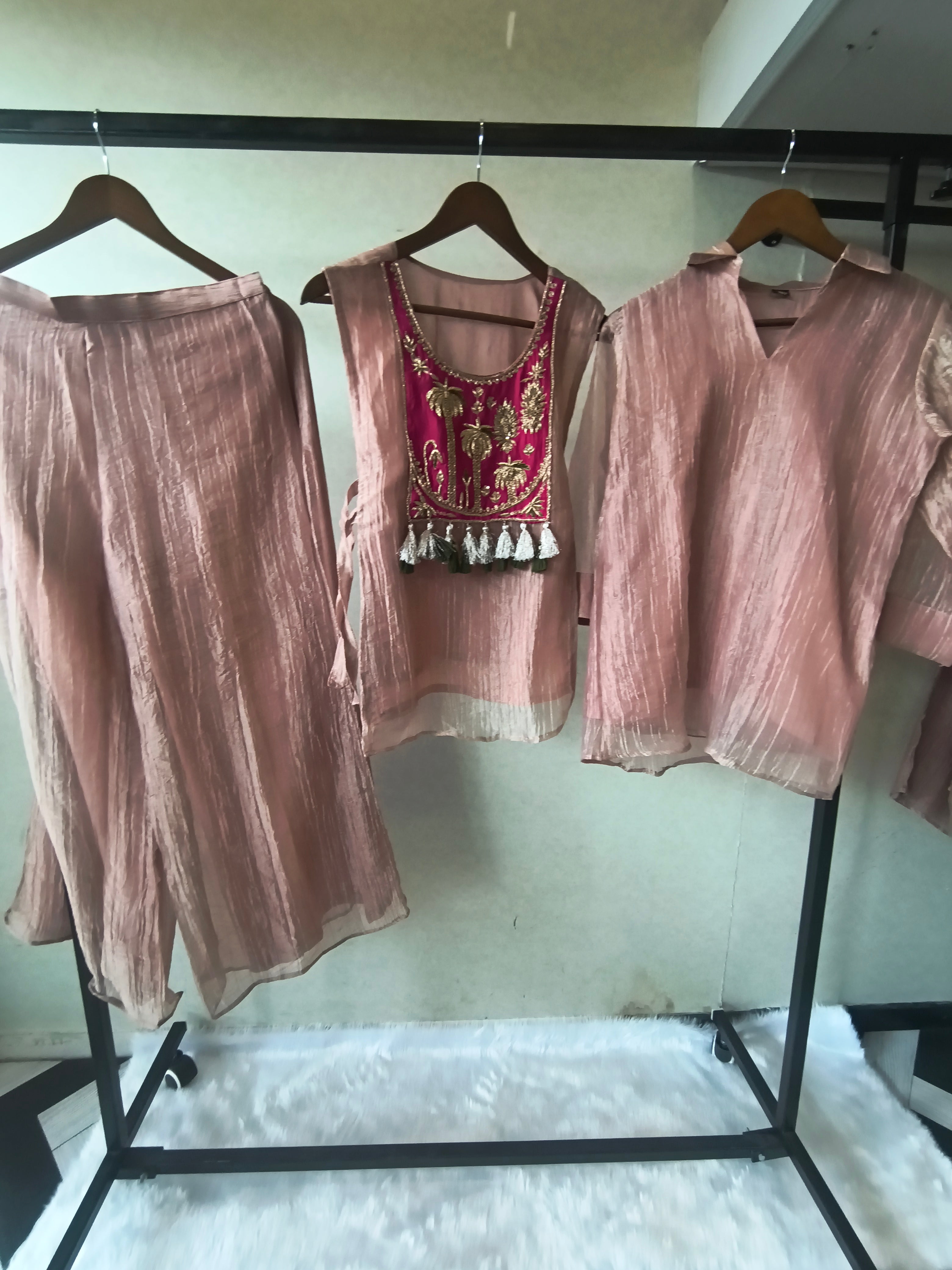 Image of Premium Rose Gold Tissue Silk 3-Piece Co-Ord Set with Hand Embellished Jacket, Inner & Palazzo