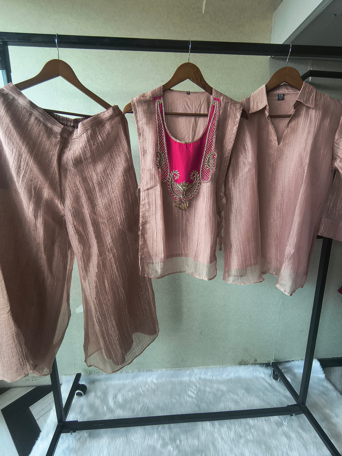 Premium Rose Gold Tissue Silk 3-Piece Co-Ord Set with Hand Embellished Jacket, Inner & Palazzo