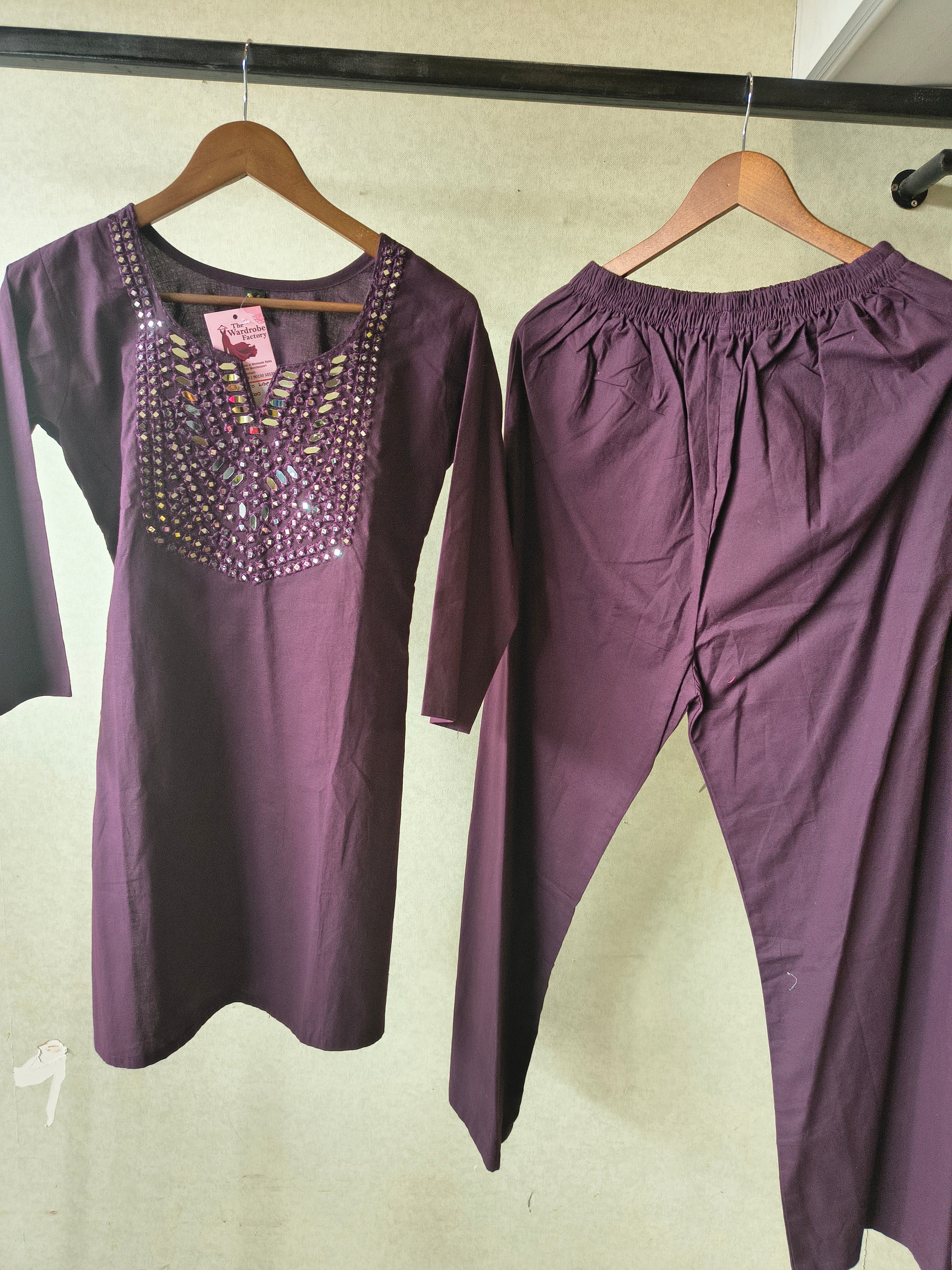 Image of Premium Deep Wine Straight Kurta Set with Mirror Embellished Yoke & Solid Palazzo Pants