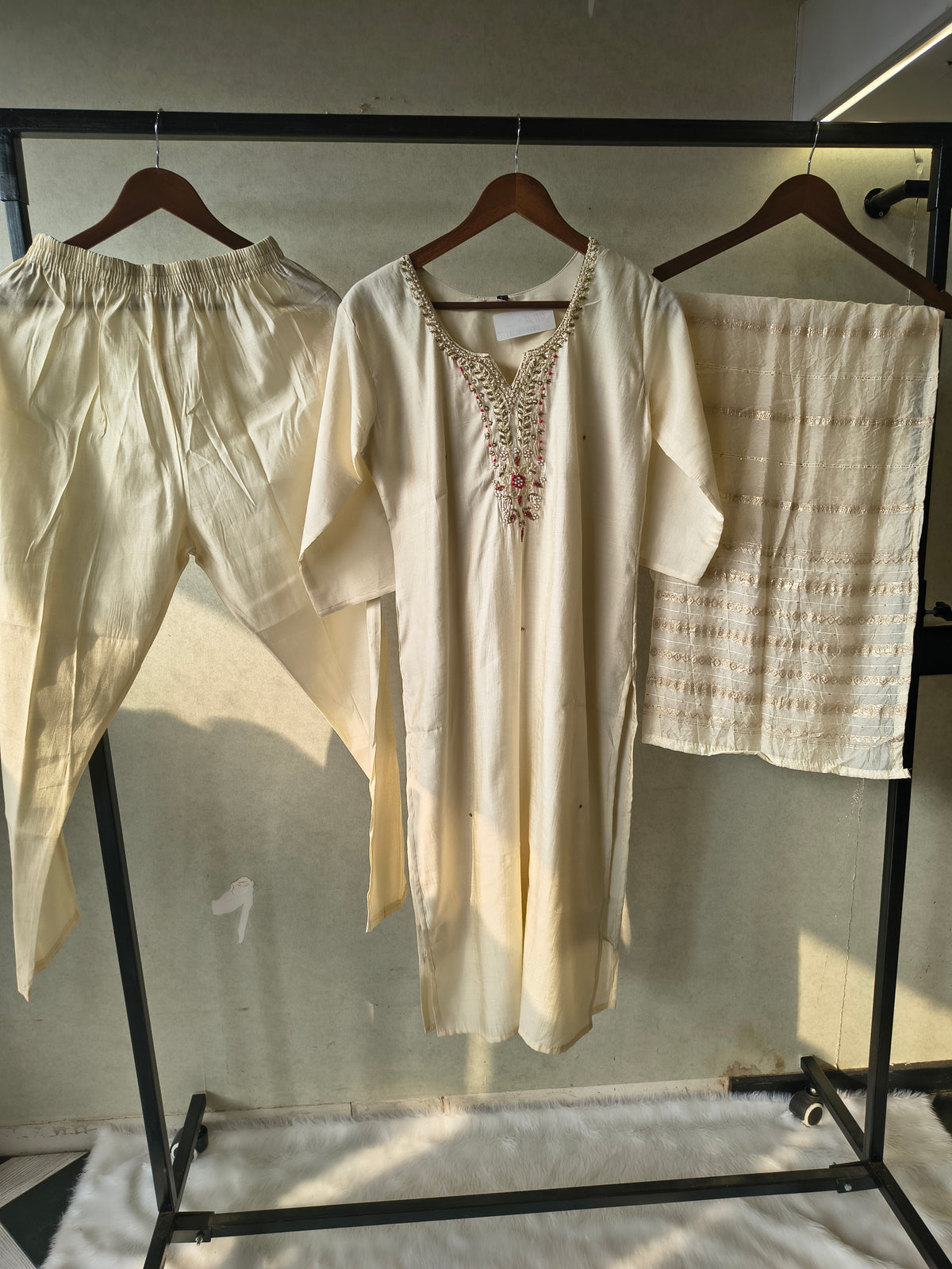 Premium Ivory Hand-Embroidered Straight Kurta with Cotton Pants & Woven Dupatta Set