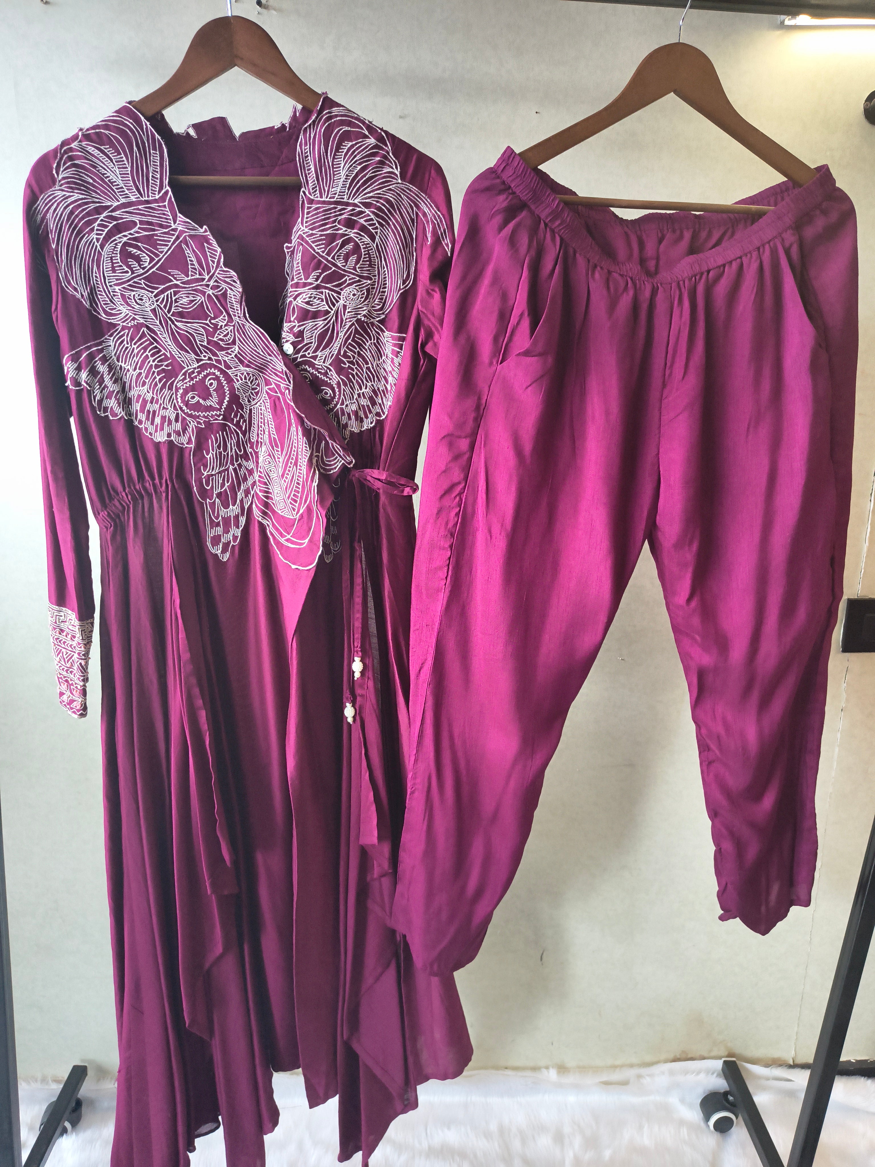 Image of Wine Embroidered Wrap Style Indo-Western Jacket with Dhoti Pants – Designer 2 Piece Fusion Set
