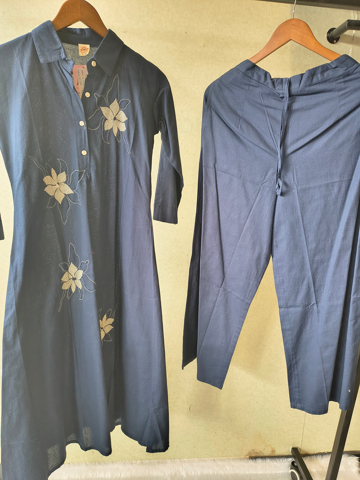 Tadko Premium Navy Blue A-Line Kurta Set with Floral Appliqué Embroidery & Straight Pants