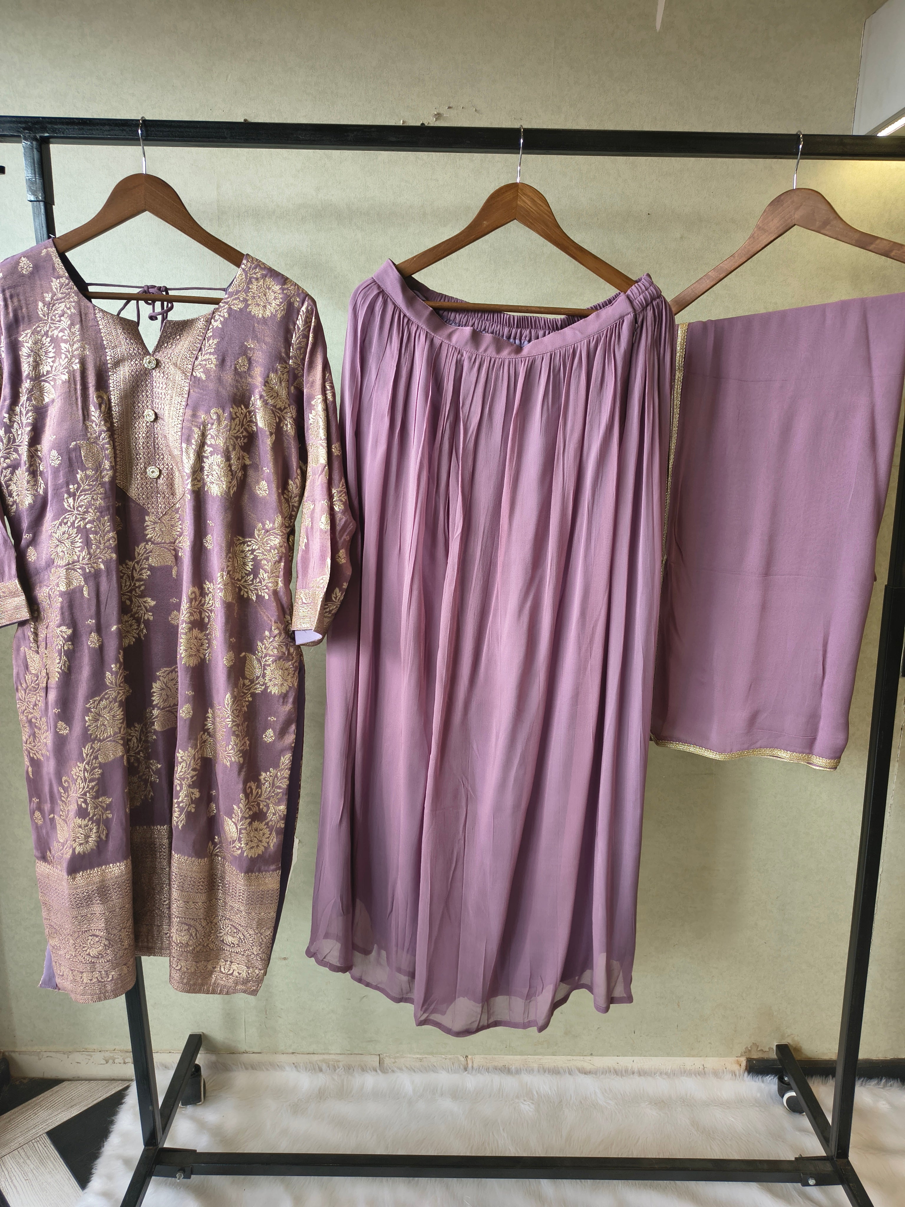 Image of Premium Lavender Jacquard Straight Kurta with Georgette Sharara & Dupatta Set