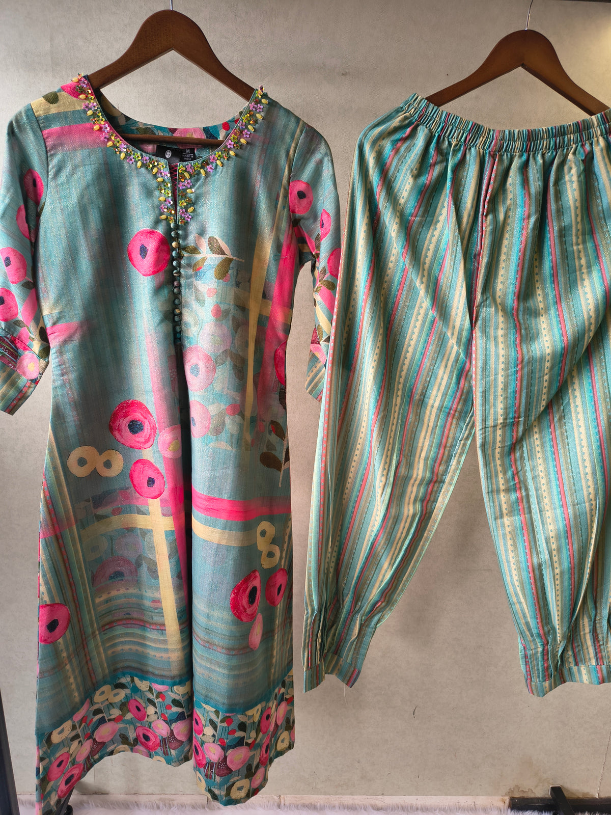 Premium Aqua Blue Artistic Printed Kurta with Striped Pants Co-Ord Set