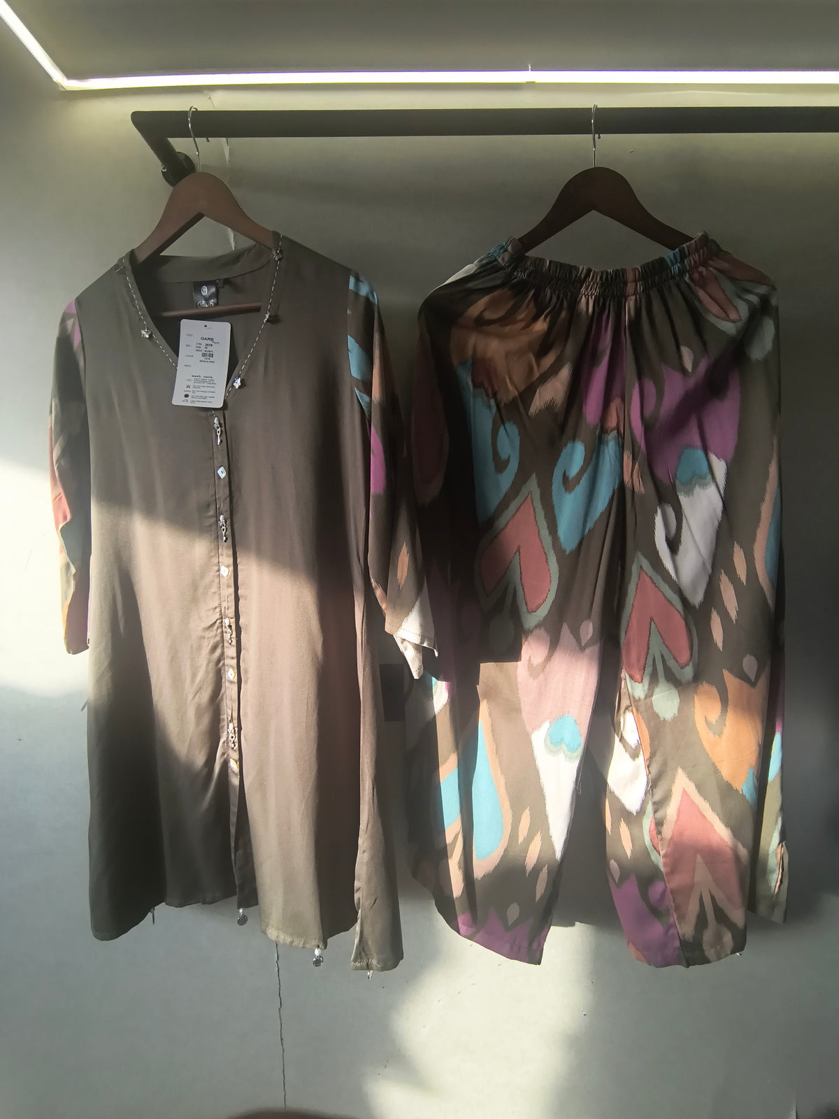 Olive Green Designer Co-Ord Set with Abstract Printed Pants & Embellished Neckline