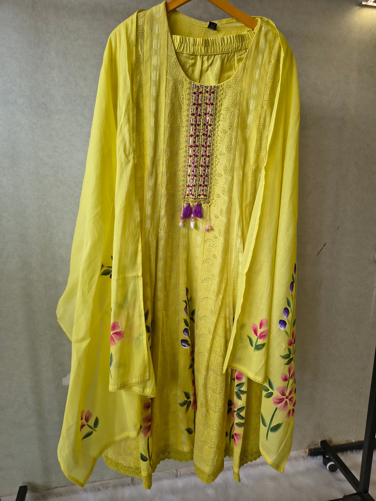 Premium Sunshine Yellow Schiffli Embroidered Kurta Set with Floral Handwork & Dupatta