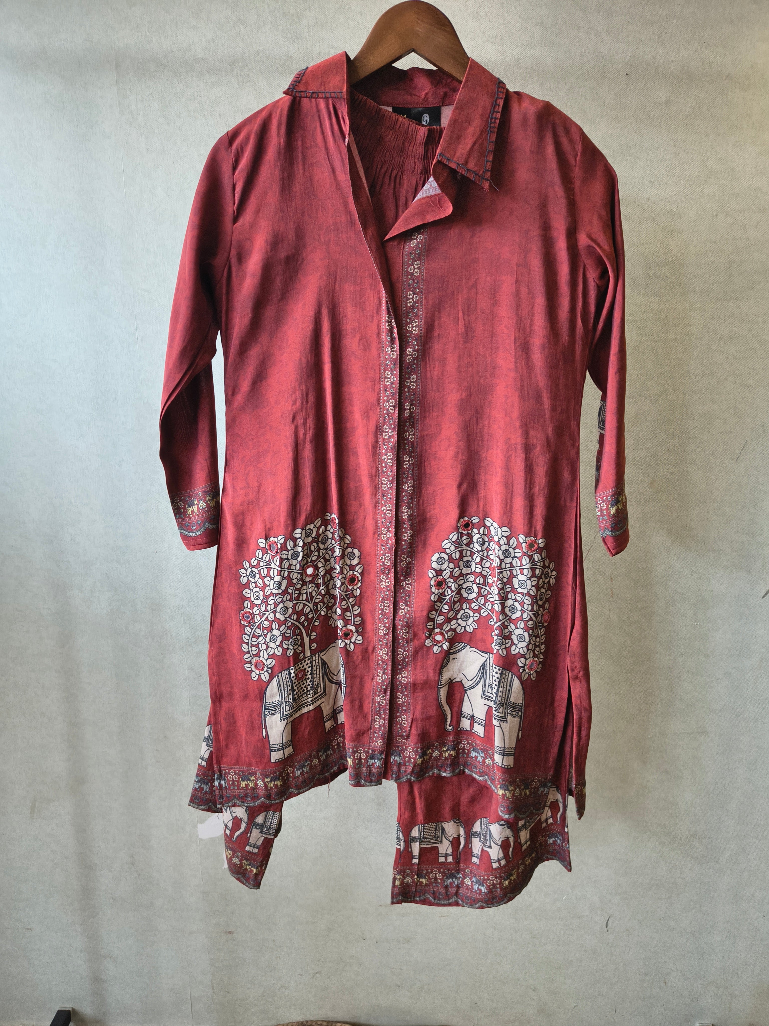 Image of Rust Red Elephant Print Designer Co-Ord Set with Asymmetrical Hem