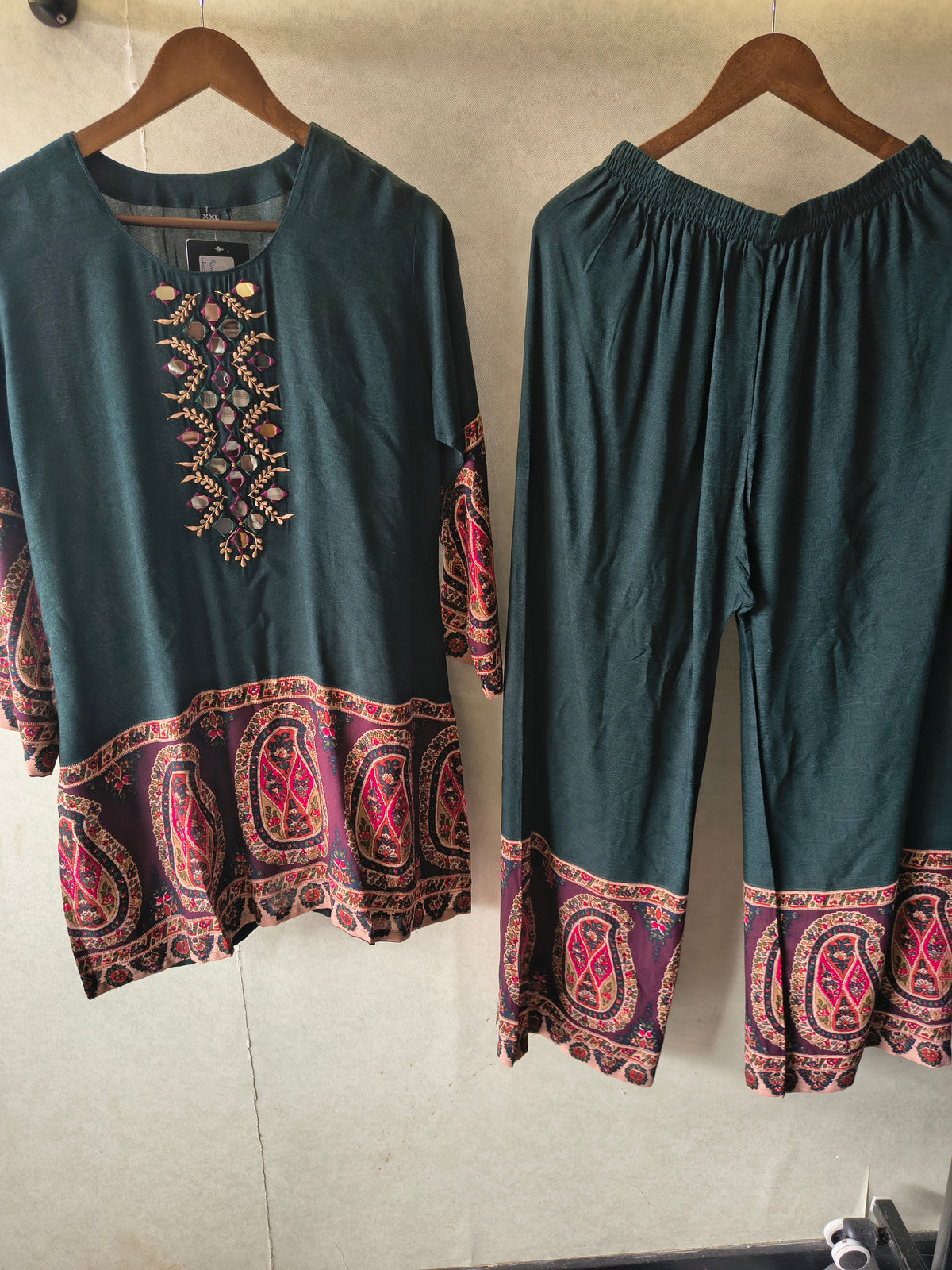 Premium Teal Mirror Work Printed Kurta Pant Co-Ord Set