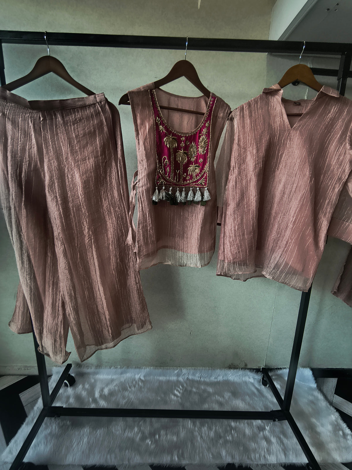Premium Rose Gold Tissue Silk 3-Piece Co-Ord Set with Hand Embellished Jacket, Inner & Palazzo