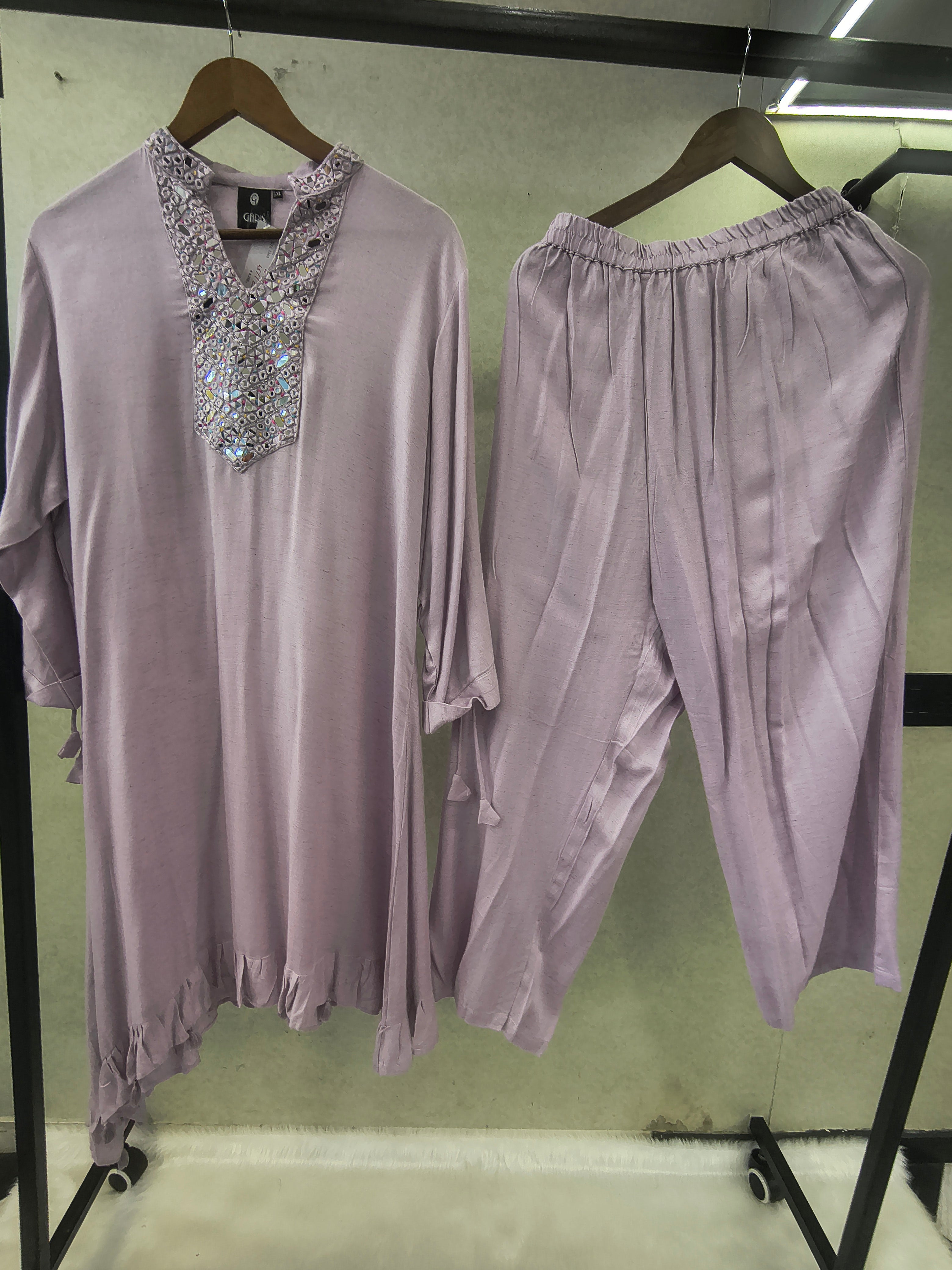 Image of Premium Lilac Mirror Work Co-Ord Kurta Set with Designer Embellished Neckline