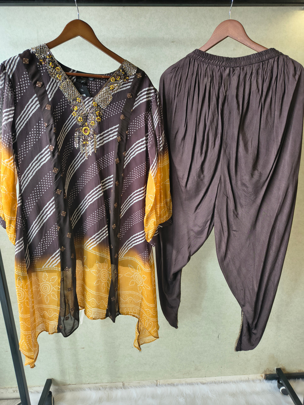 Premium Charcoal & Mustard Bandhani Print Kaftan Kurta with Dhoti Pants Set