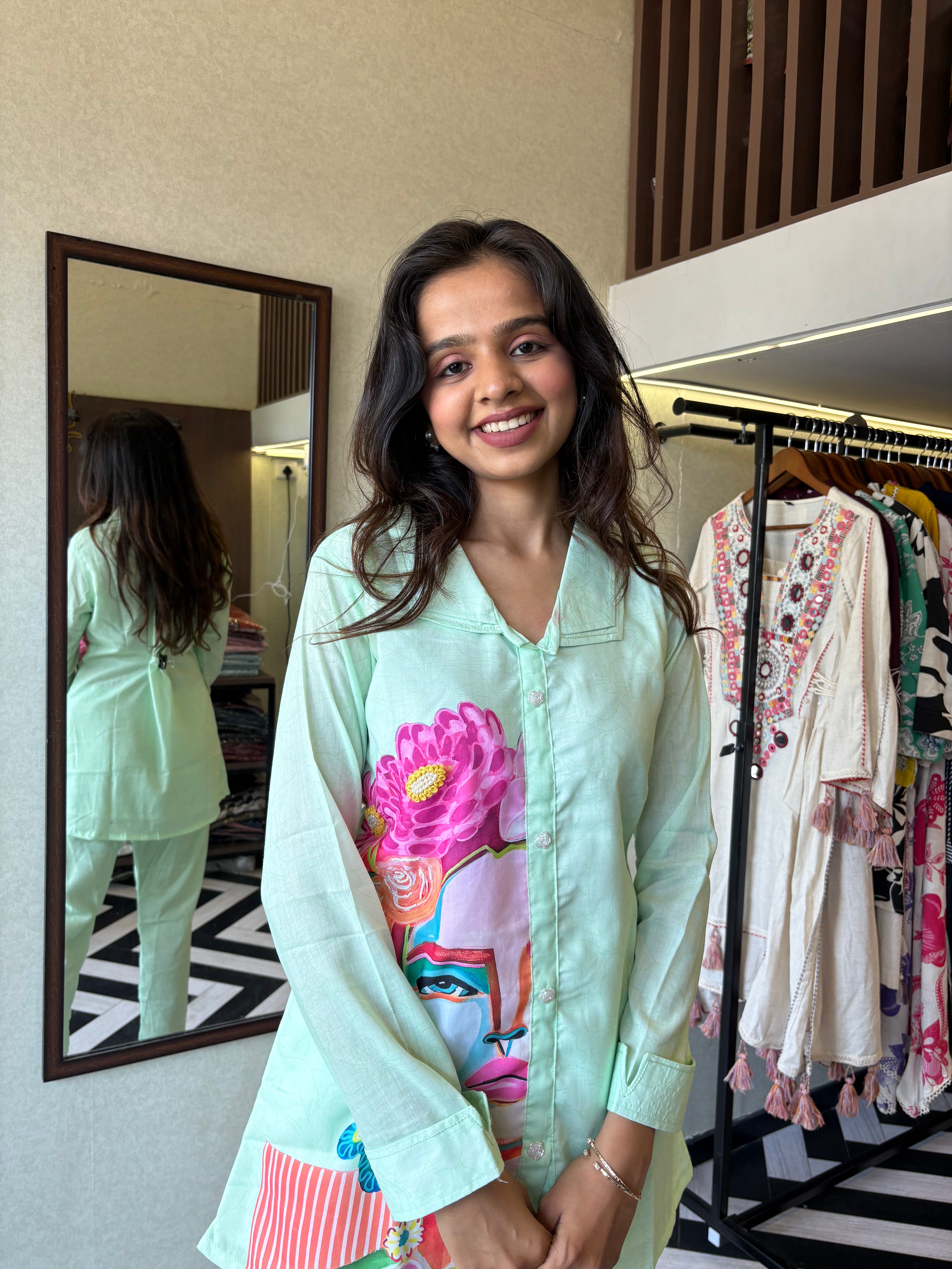 Image of Pure cotton 2-piece coord set in soothing pista color - designed with elegant prints and made for all-day comfort.