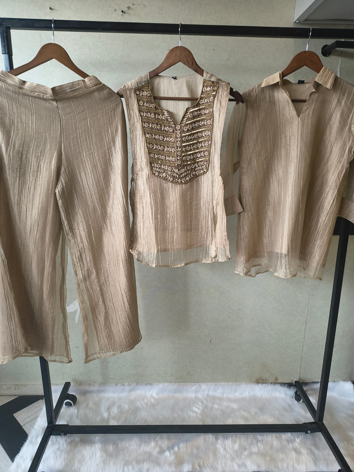 Premium Champagne Gold Tissue Silk 3-Piece Co-Ord Set with Antique Zari Embroidered Jacket, Inner & Palazzo