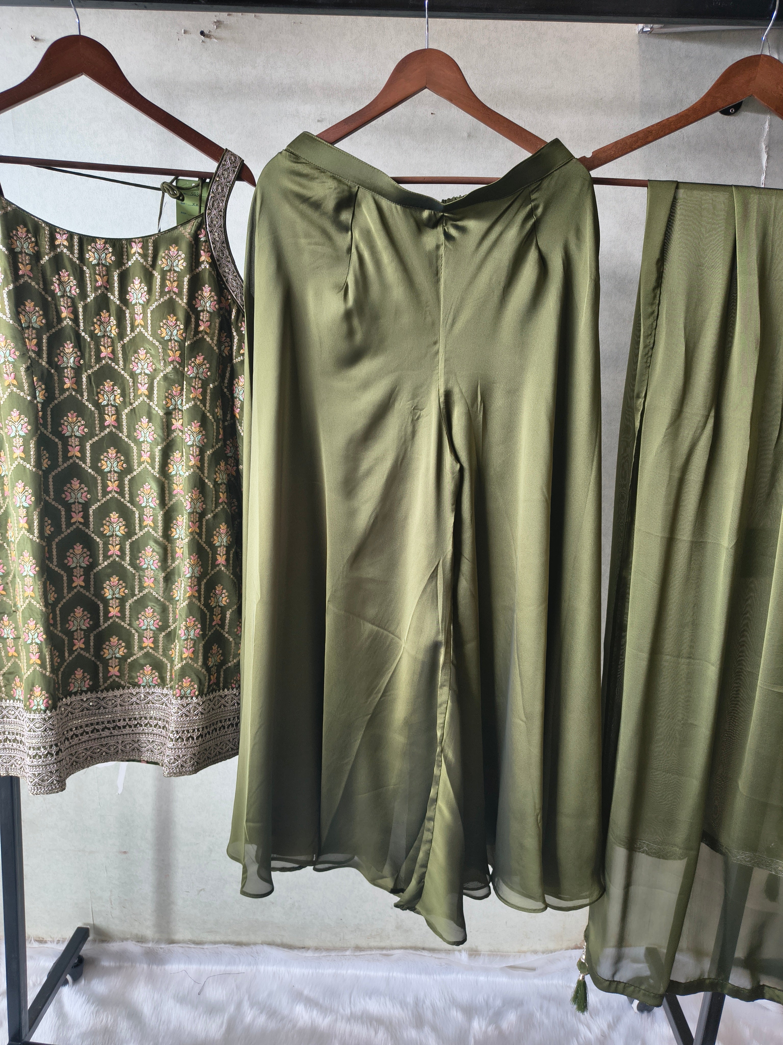Image of Olive Green Printed Sharara Set with Embroidered Border & Dupatta – Premium 3 Piece Festive Ensemble