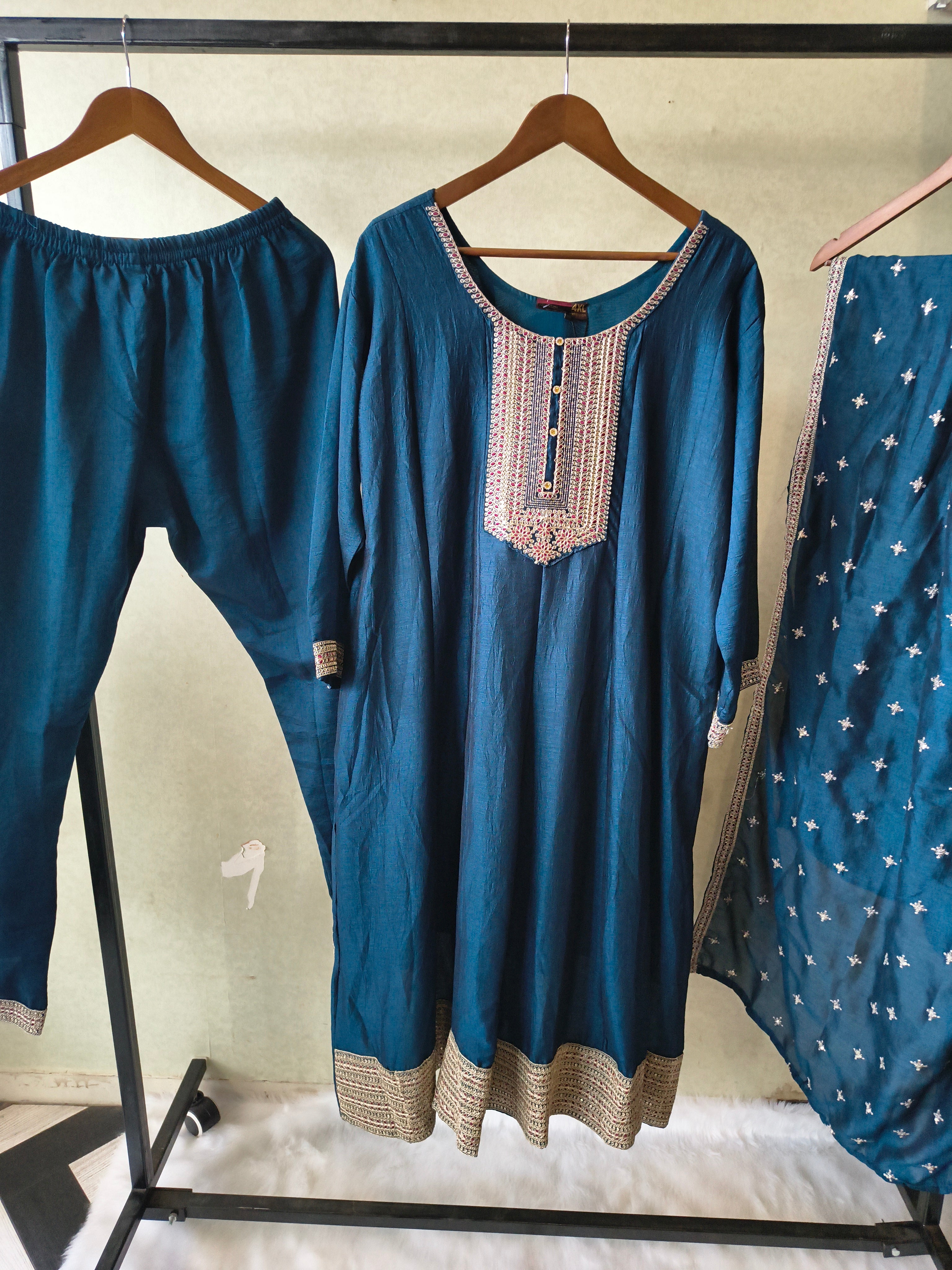 Image of Premium Teal Blue Embroidered Kurta Set with Dupatta
