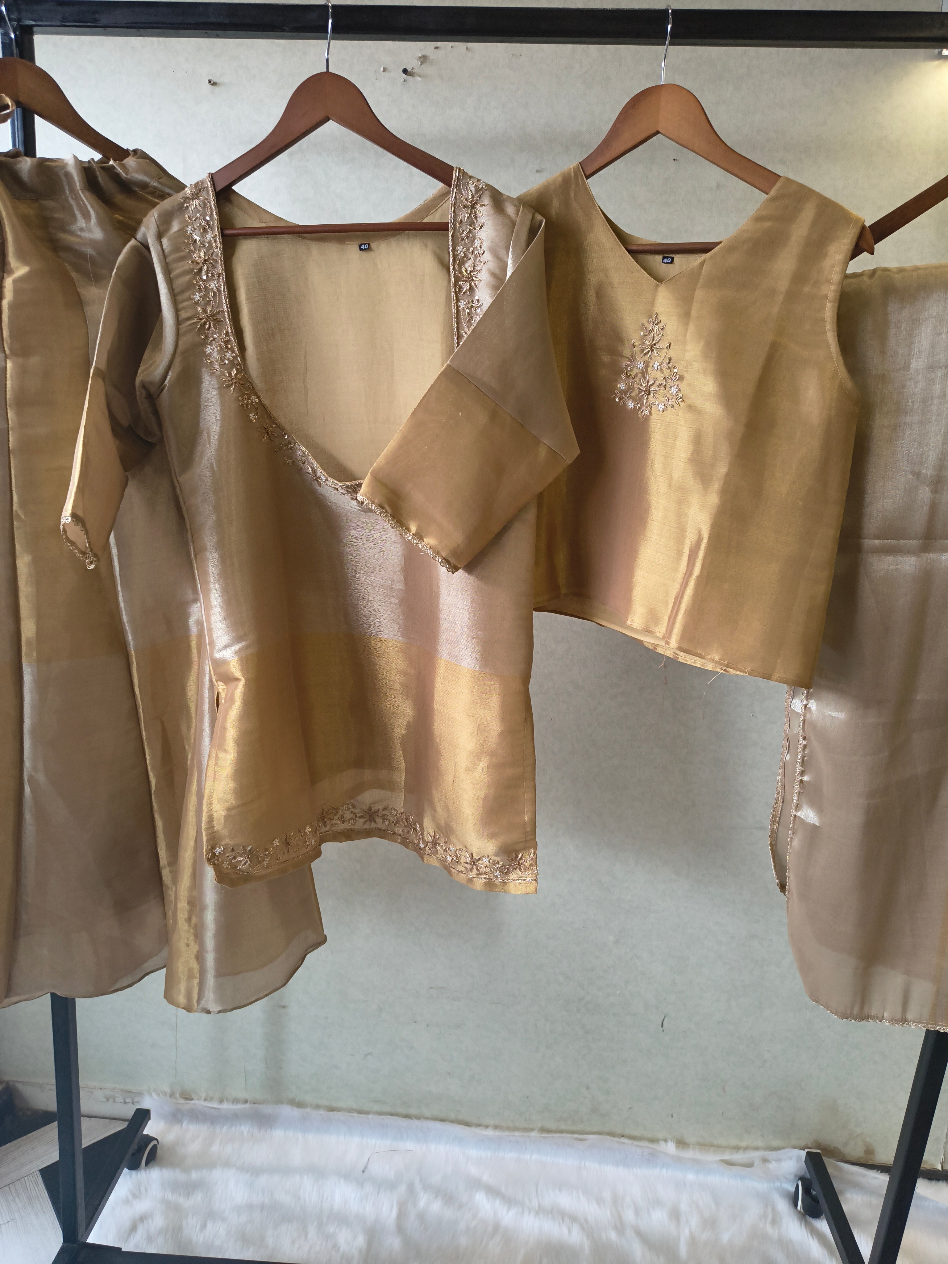 Image of Champagne Gold Tissue Silk Embroidered Layered Kurta with Inner, Palazzo & Woven Dupatta – 4 Piece Designer Festive Set