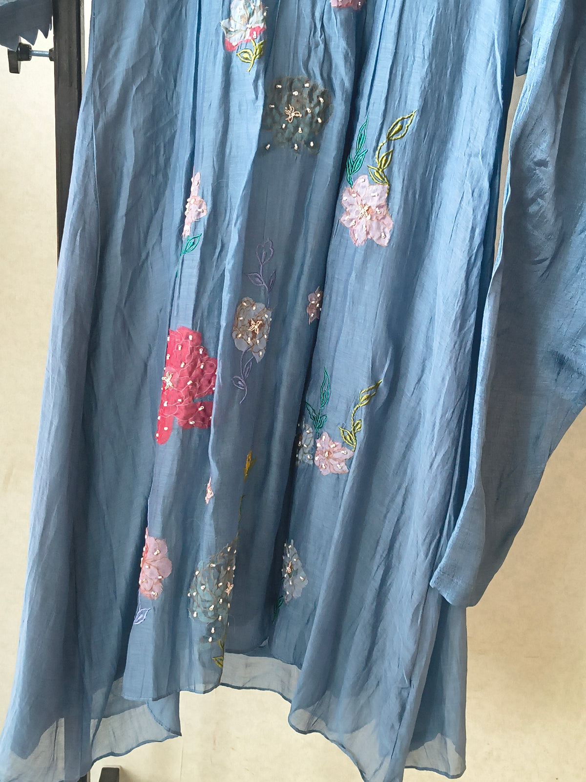 Premium Steel Blue Embroidered Straight Kurta with Dhoti Pants & Embroidered Organza Dupatta Set