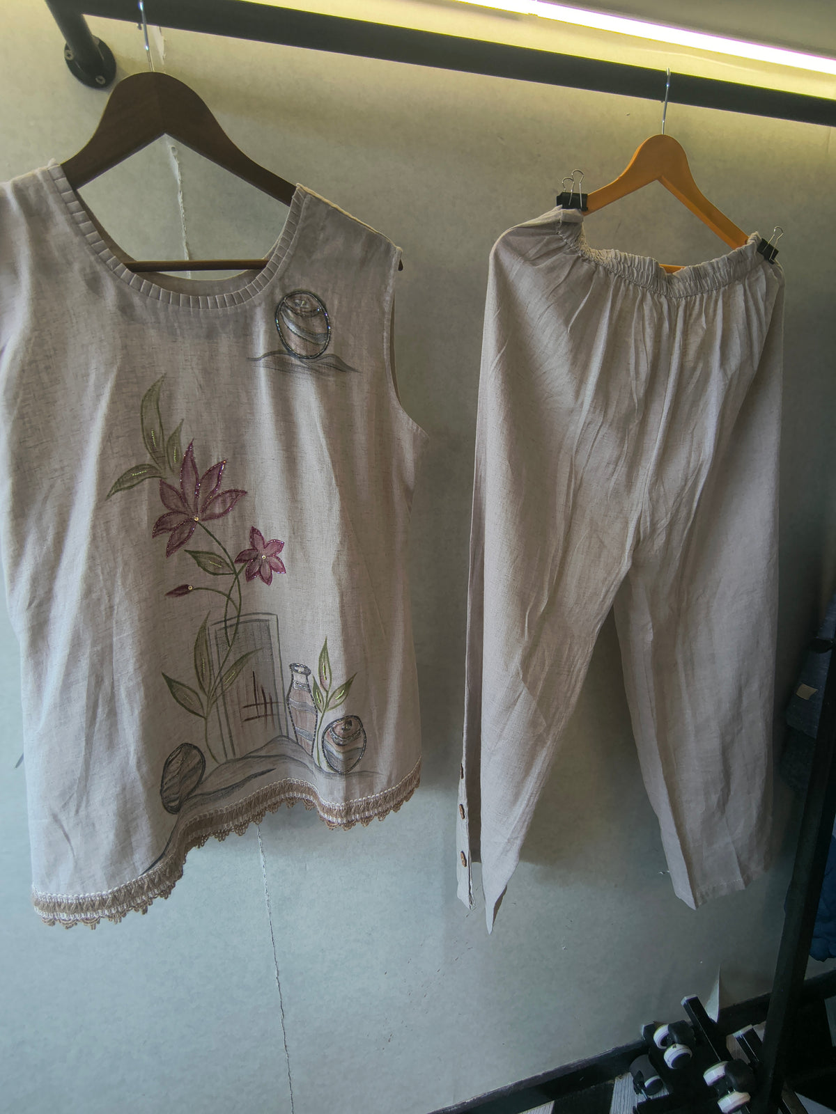 Ivory Floral Hand-Painted Linen Co-Ord Set