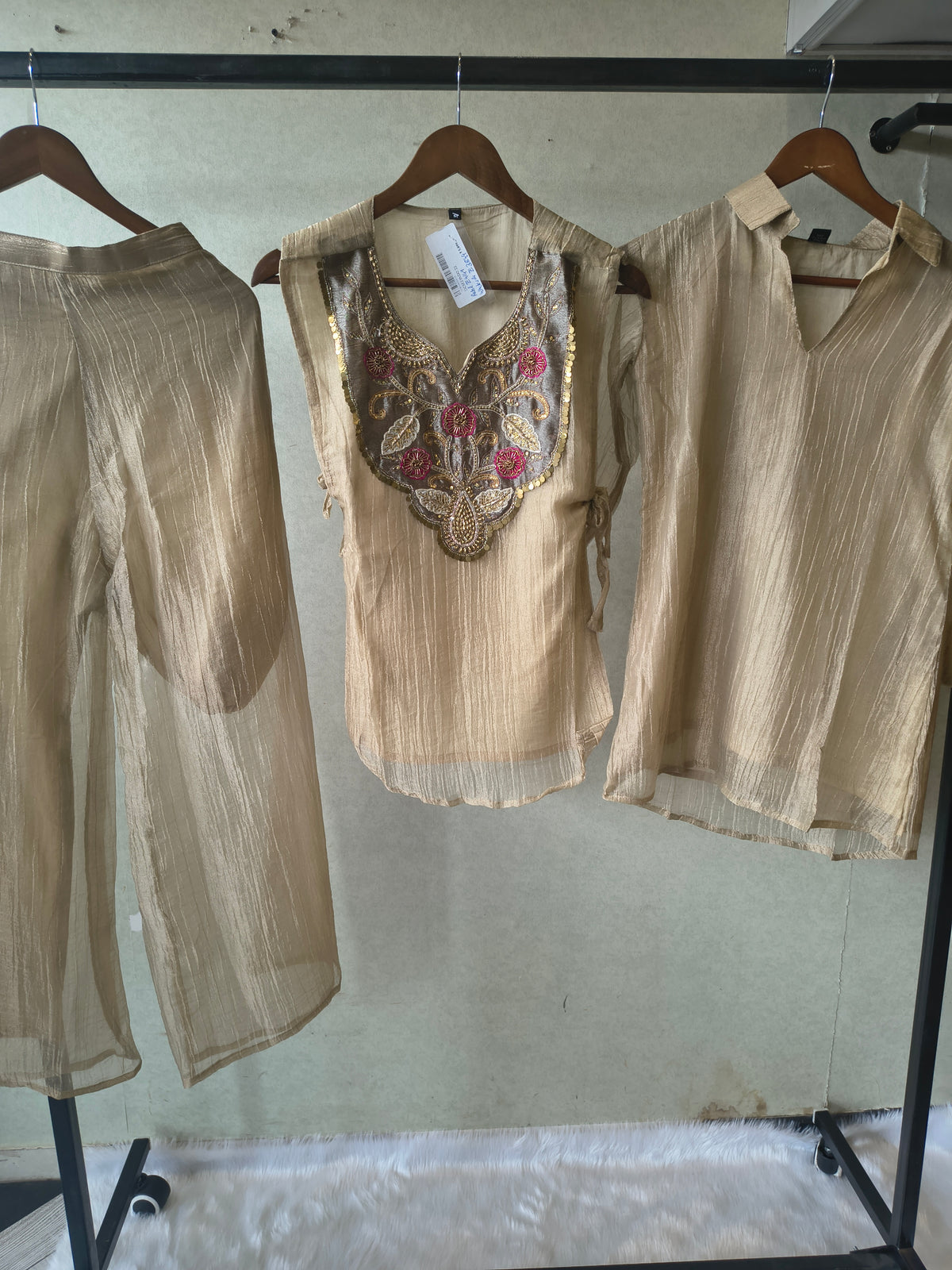 Premium Champagne Tissue Silk Embroidered Kurta with Hand Embellished Statement Yoke