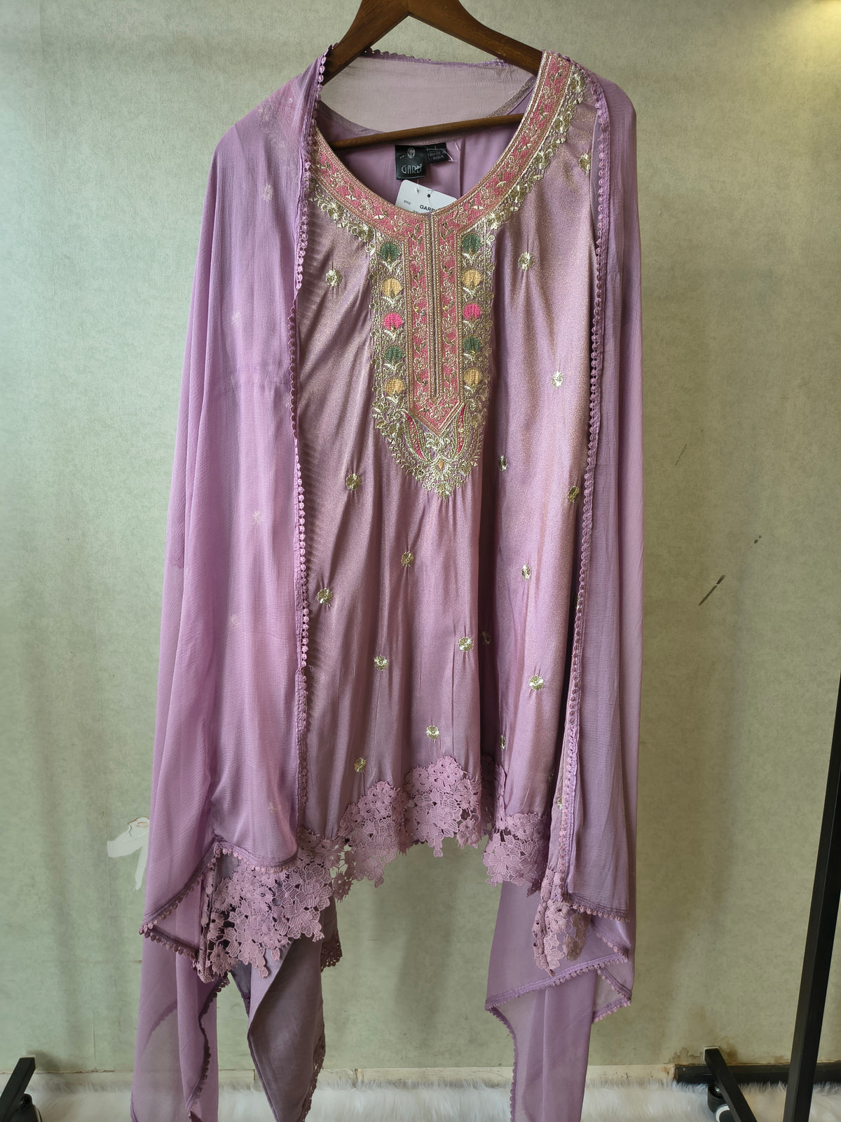 Premium Dusty Lilac Embroidered Kurta Set with Lace Hem & Dupatta