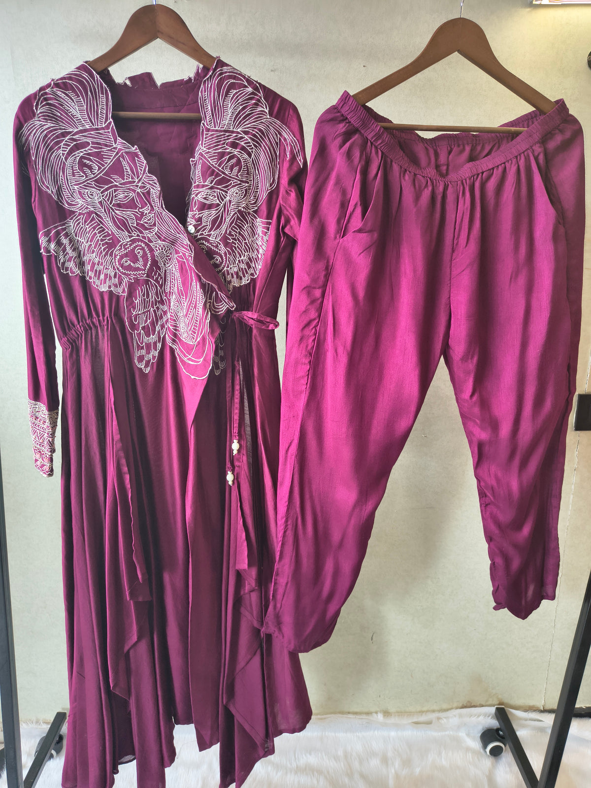 Wine Embroidered Wrap Style Indo-Western Jacket with Dhoti Pants – Designer 2 Piece Fusion Set