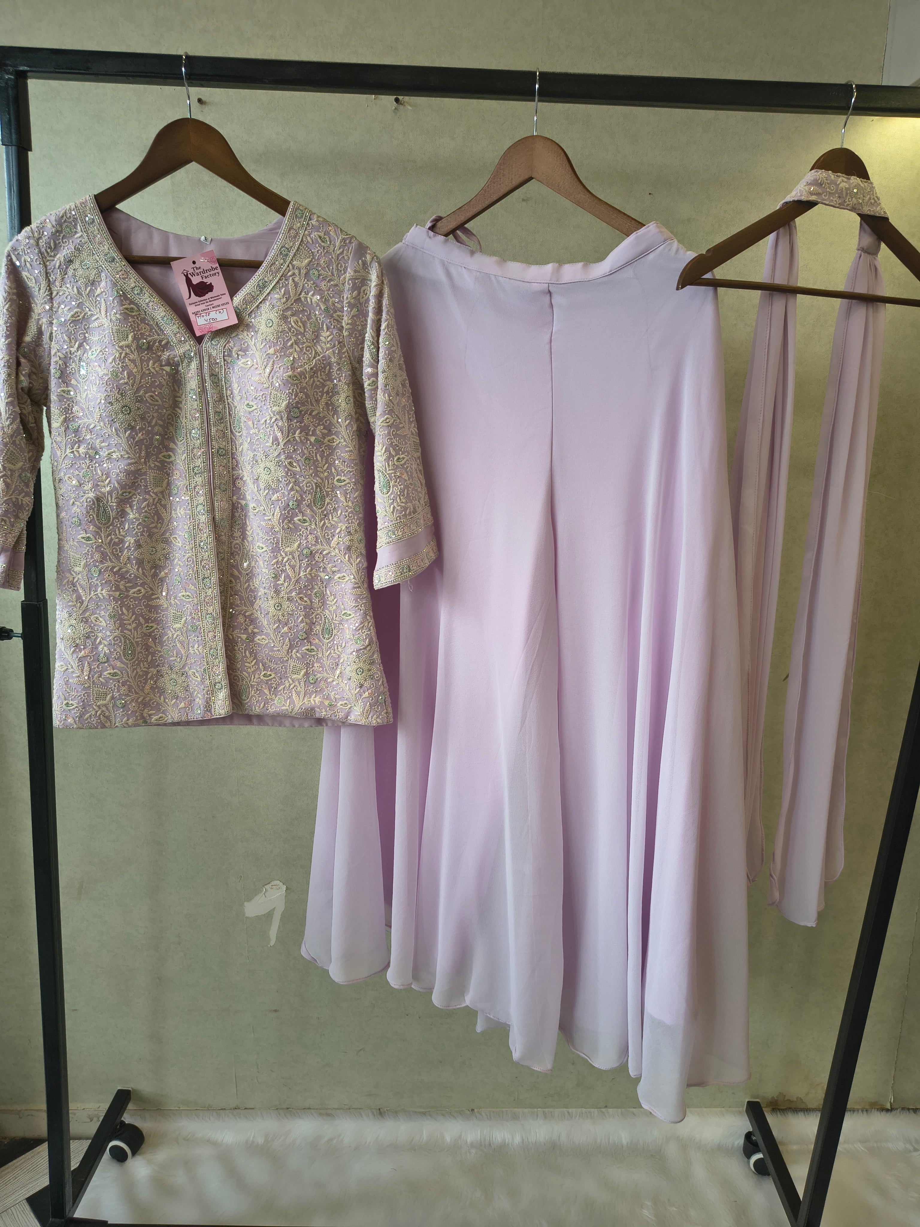 Image of Pastel Lilac Designer Embroidered Peplum Sharara Set with Chiffon Dupatta | Premium 3 Piece Festive Ensemble