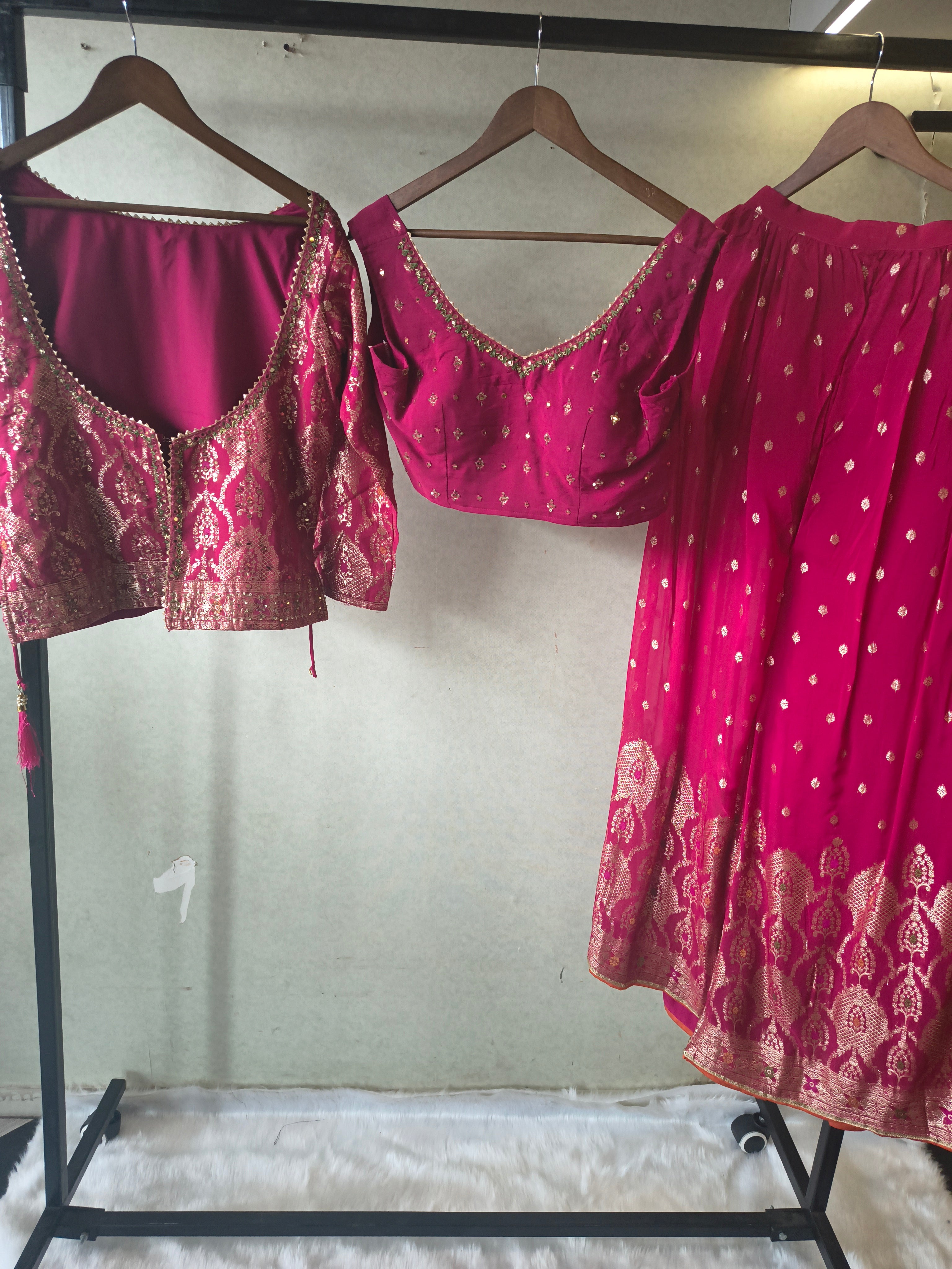 Image of Rani Pink Banarasi Lehenga Set with Dual Designer Blouses – Woven Festive Wedding Ensemble