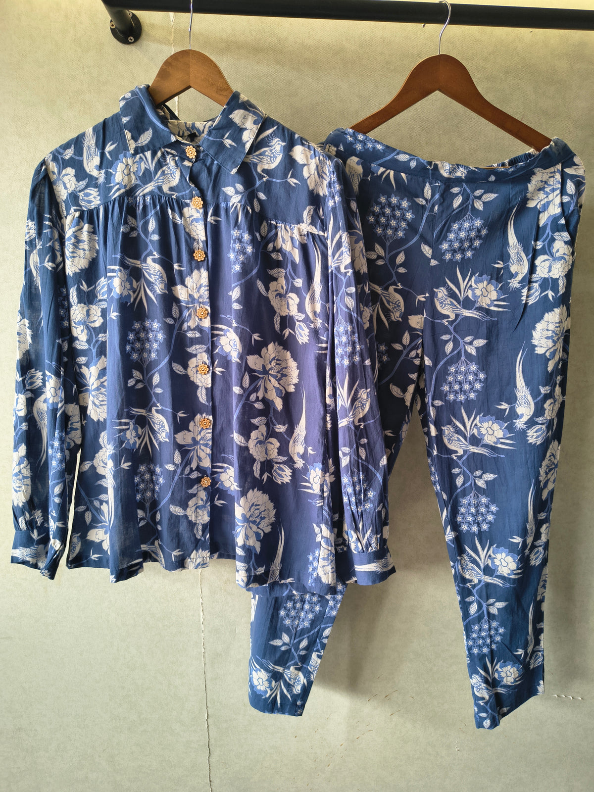 Premium Blue Floral Bird Print Shirt Co-Ord Set