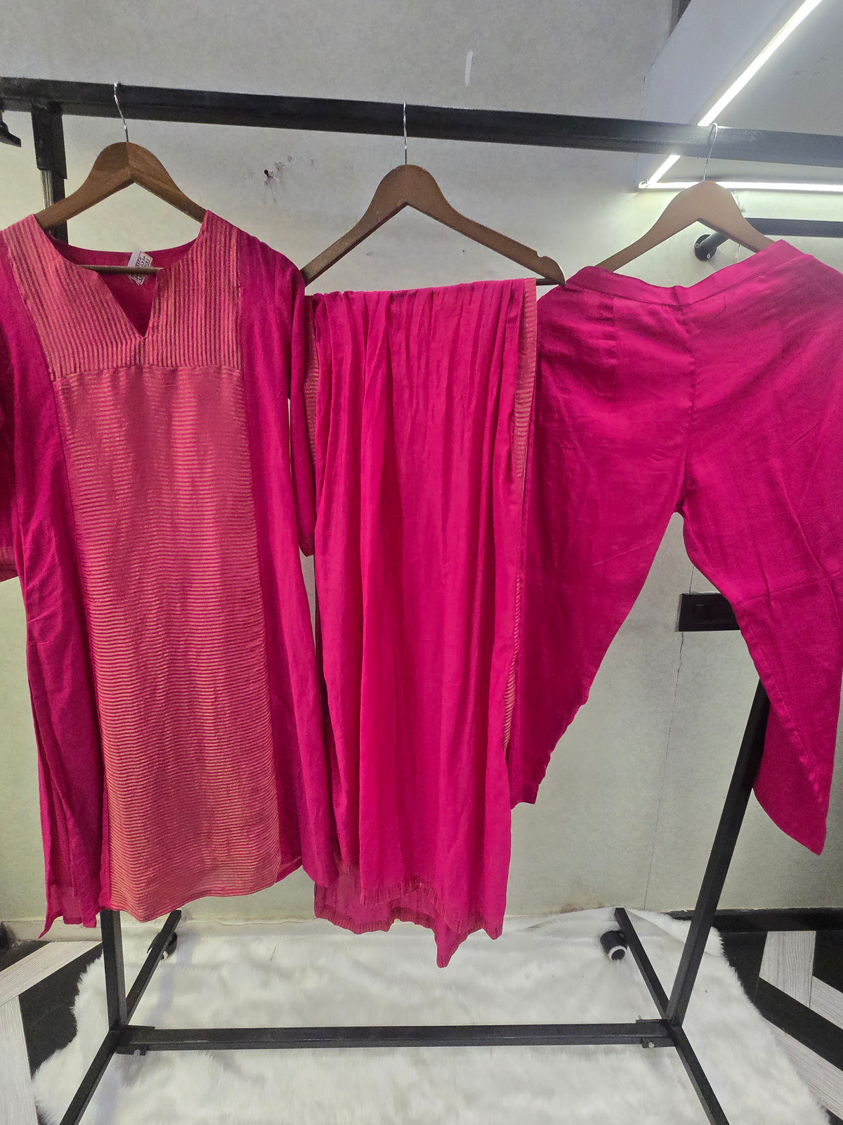 Fuchsia Pink Textured Straight Kurta Set with Woven Panel & Matching Dupatta | Premium 3 Piece Ethnic Ensemble
