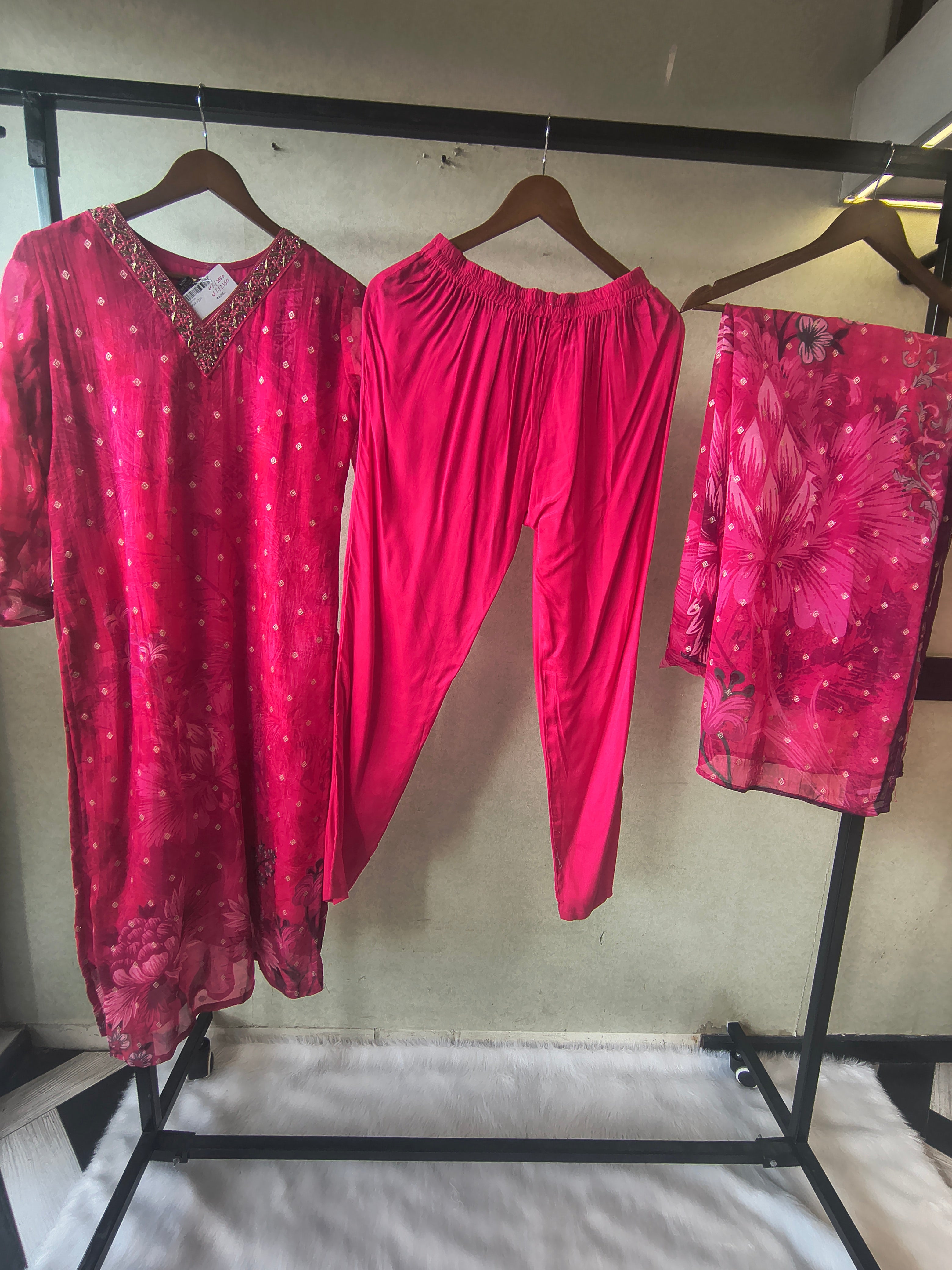 Image of Premium Fuchsia Floral Printed Straight Kurta with Cigarette Pants & Dupatta Set