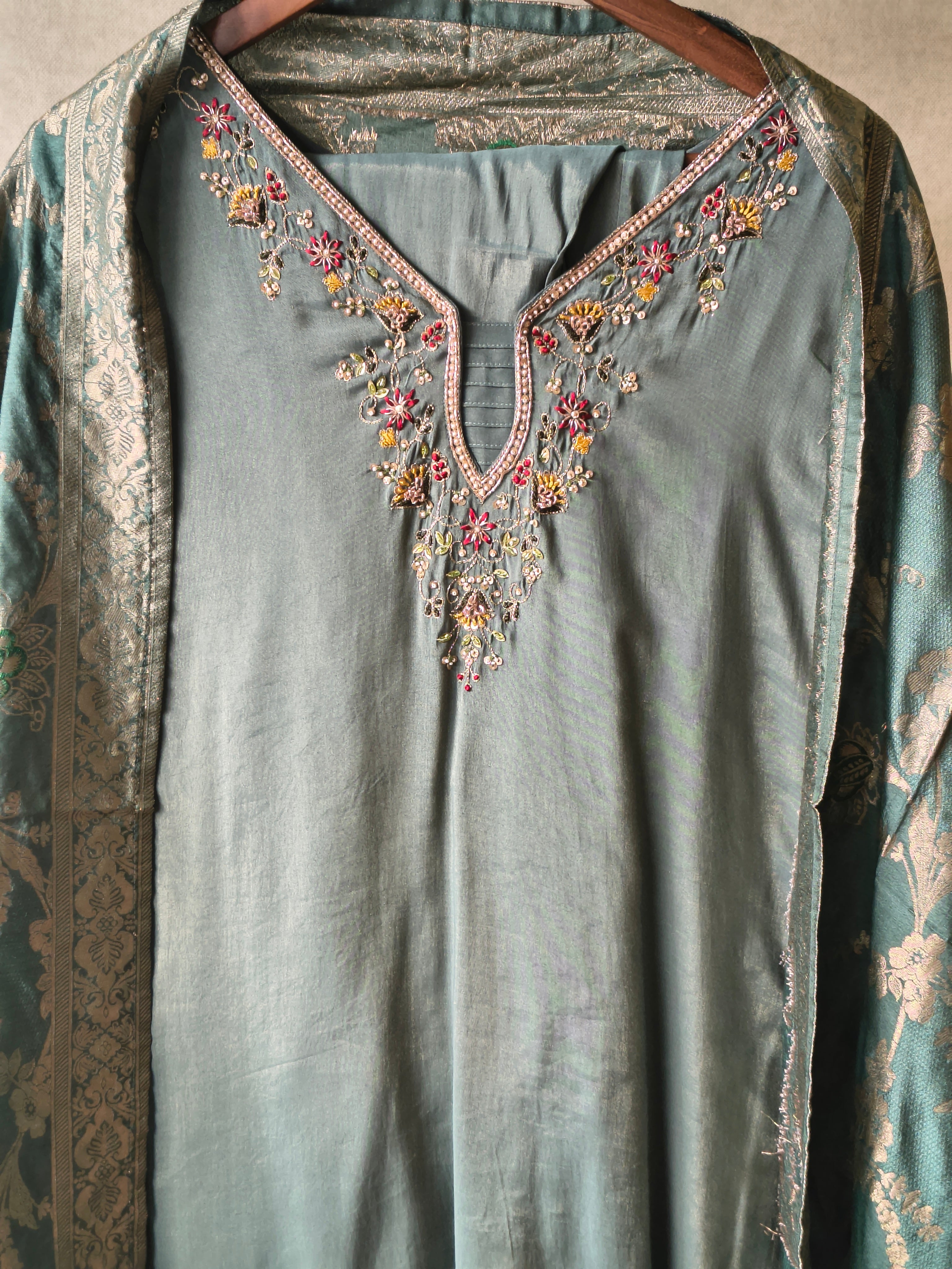 Image of Premium Teal Silk Blend Embroidered Kurta Set with Woven Dupatta & Straight Pants