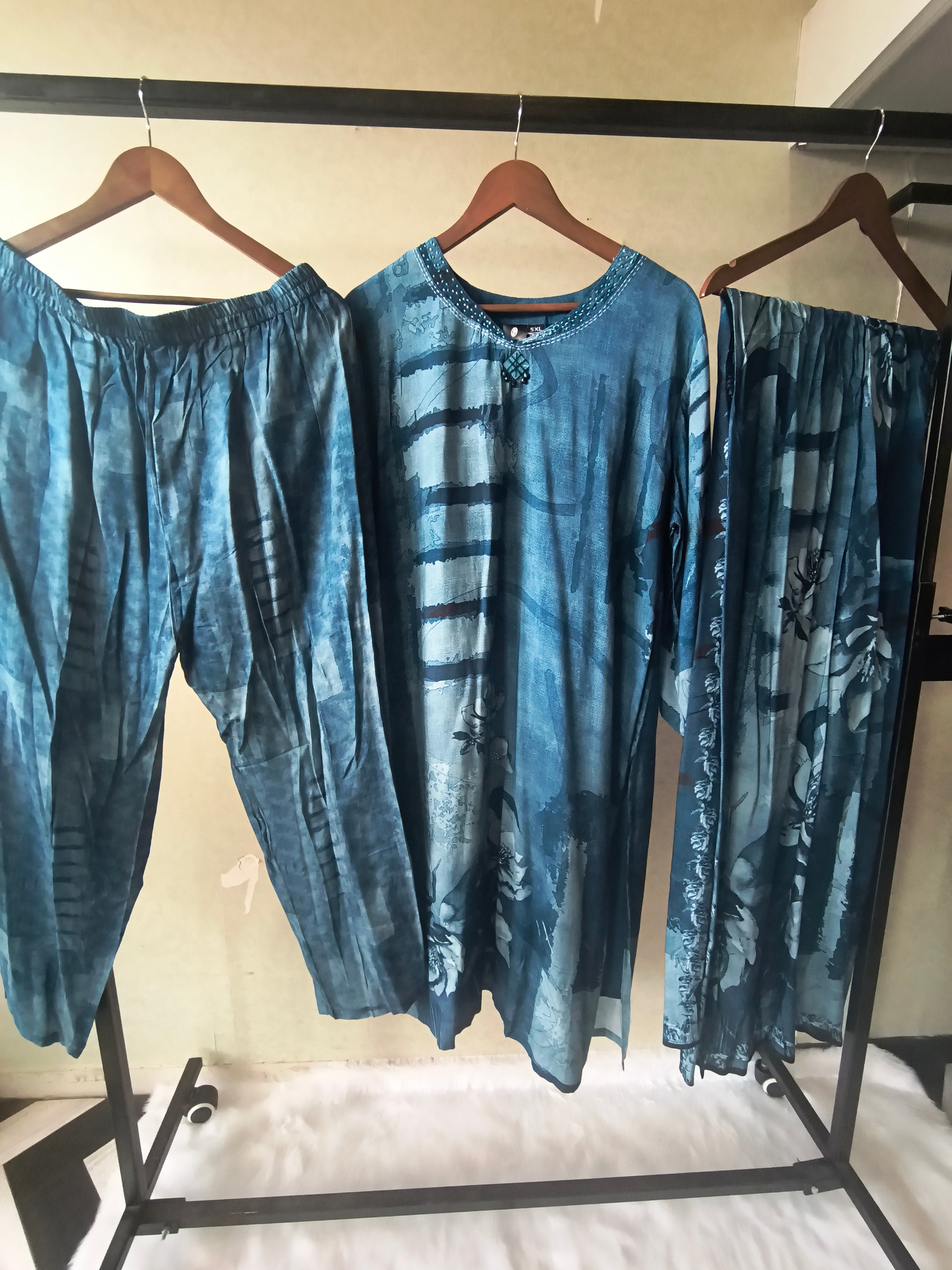 Image of Premium Teal Blue Abstract Printed Kurta Set with Pants & Dupatta