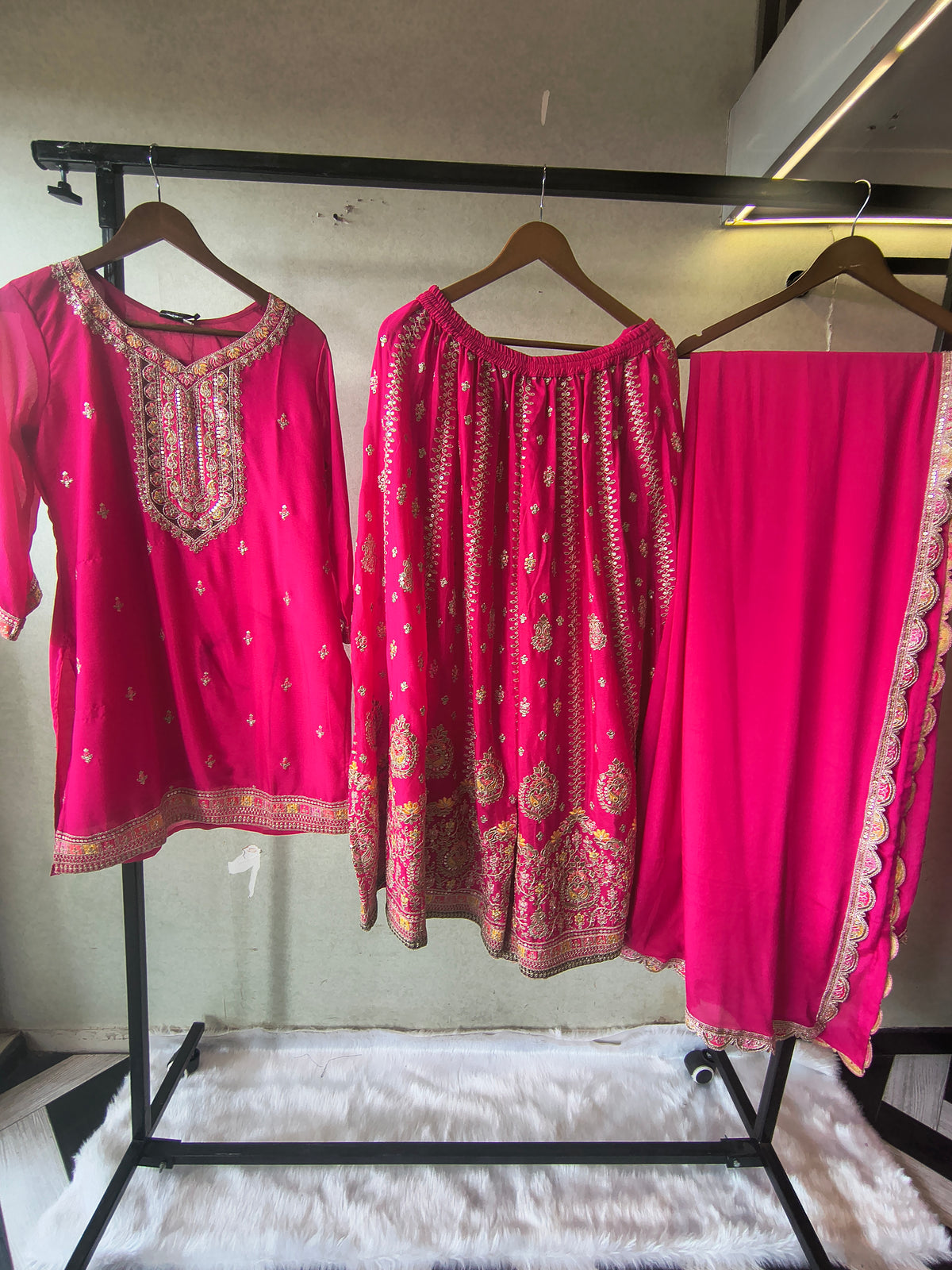 Rani Pink Embroidered Kurta Sharara Set with Scalloped Dupatta – Premium 3 Piece Festive Ensemble