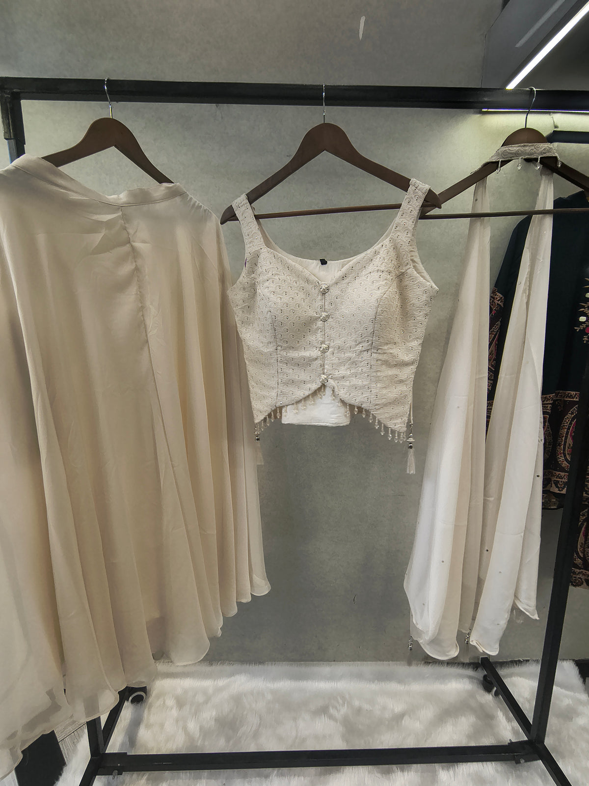 Ivory Embroidered Designer Blouse with Flared Palazzo & Choker Dupatta – 3 Piece Indo-Western Festive Set