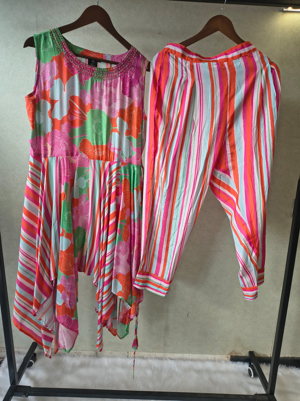 Premium Tropical Floral Handkerchief Kurta with Striped Tapered Pants Co-Ord Set