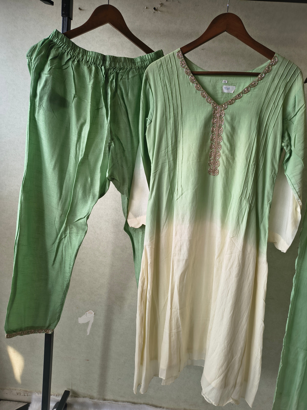 Mint Green Ombre Silk Blend Kurta Set with Embellished Neckline & Matching Dupatta – Premium 3 Piece Ethnic Ensemble