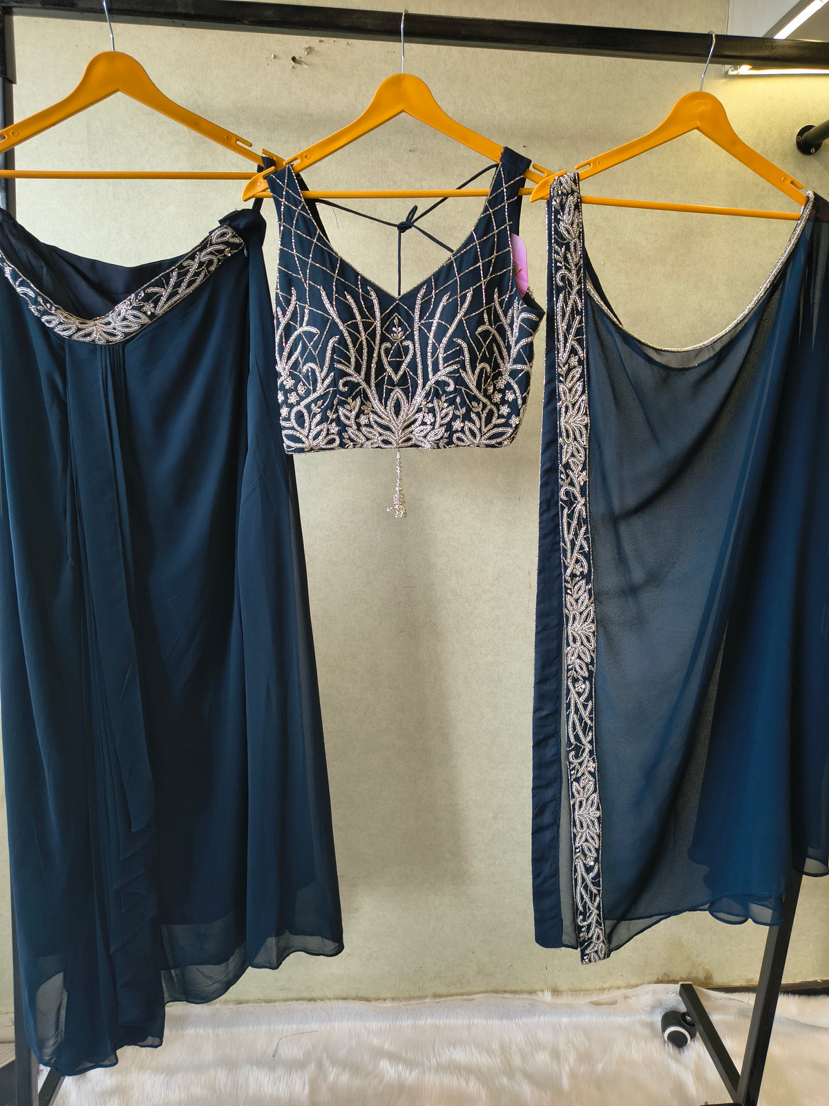 Midnight Navy Embroidered Designer Blouse with Flared Palazzo & Embroidered Dupatta – 3 Piece Festive Indo-Western Set
