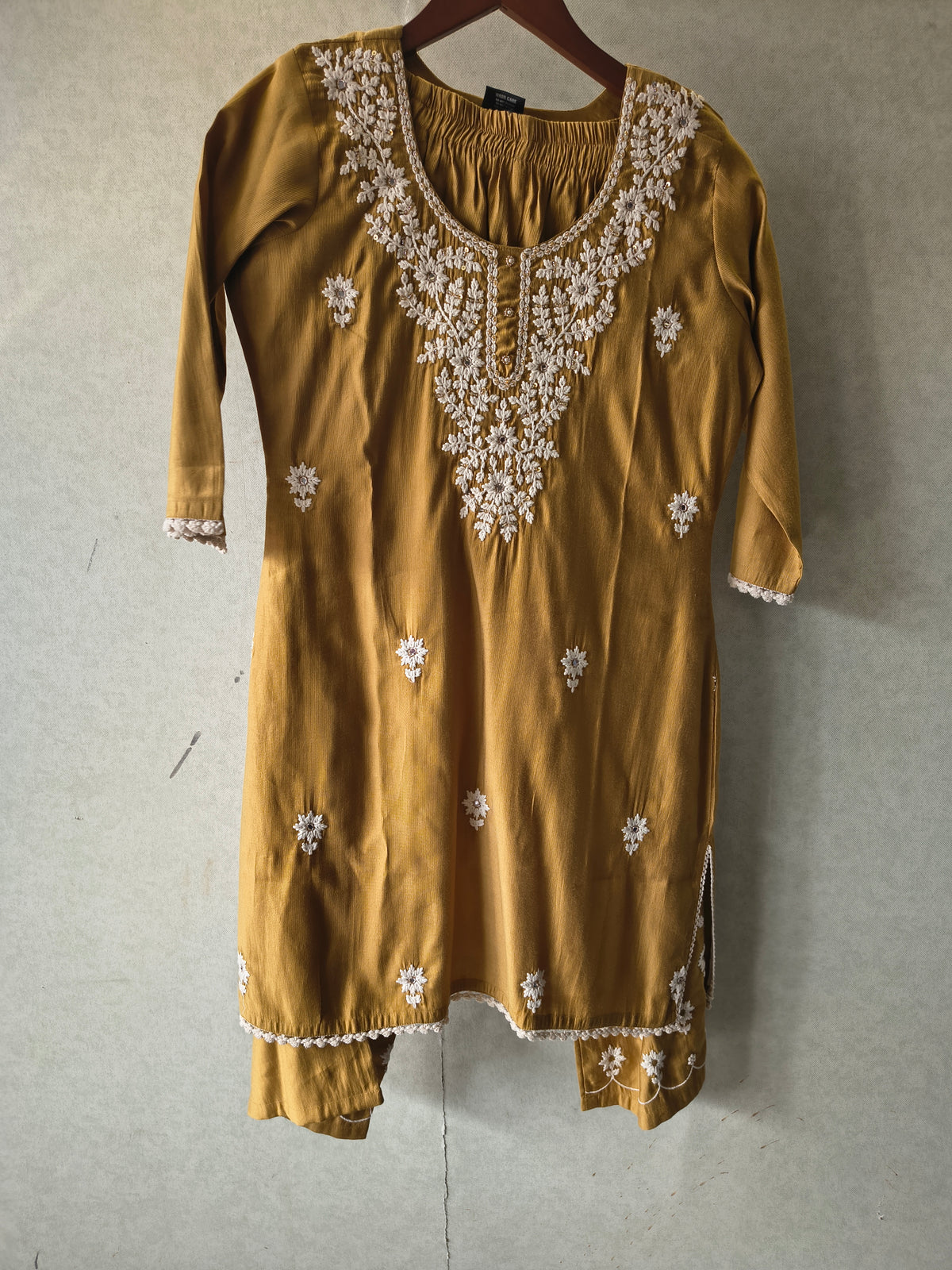 Mustard Yellow White Embroidered Premium Kurta Pant Co-Ord Set