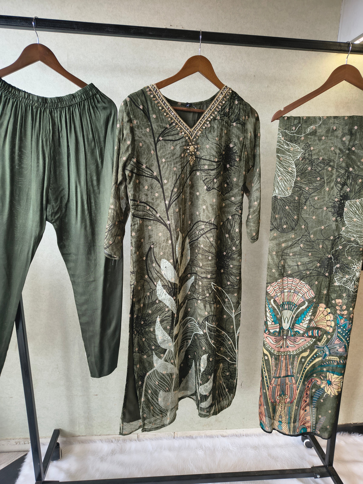 Premium Olive Botanical Print Straight Kurta with Cigarette Pants & Dupatta Set