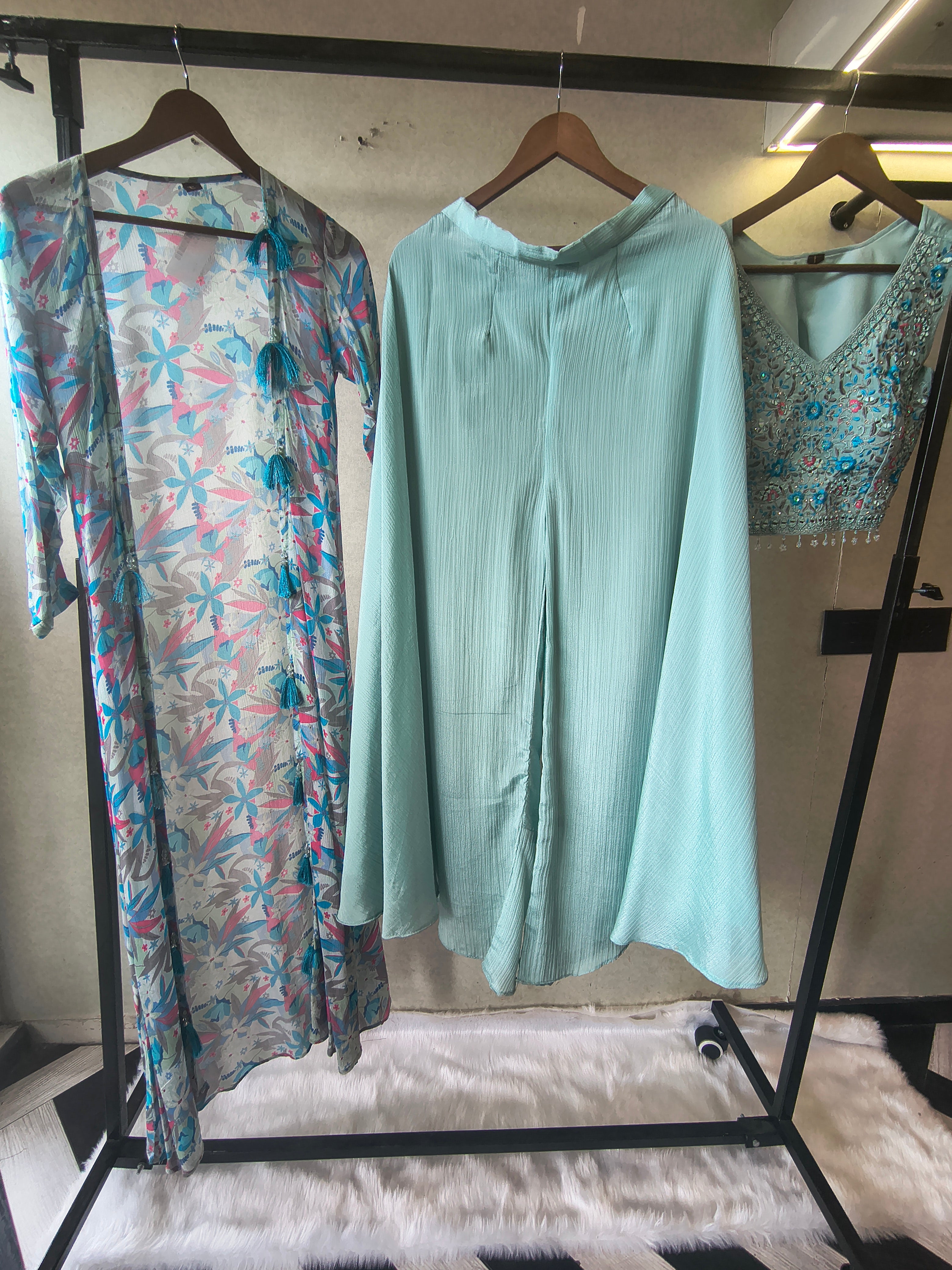 Image of Powder Blue Mirror Embroidered Blouse with Drape Palazzo & Printed Tassel Dupatta – Designer 3 Piece Indo-Western Set