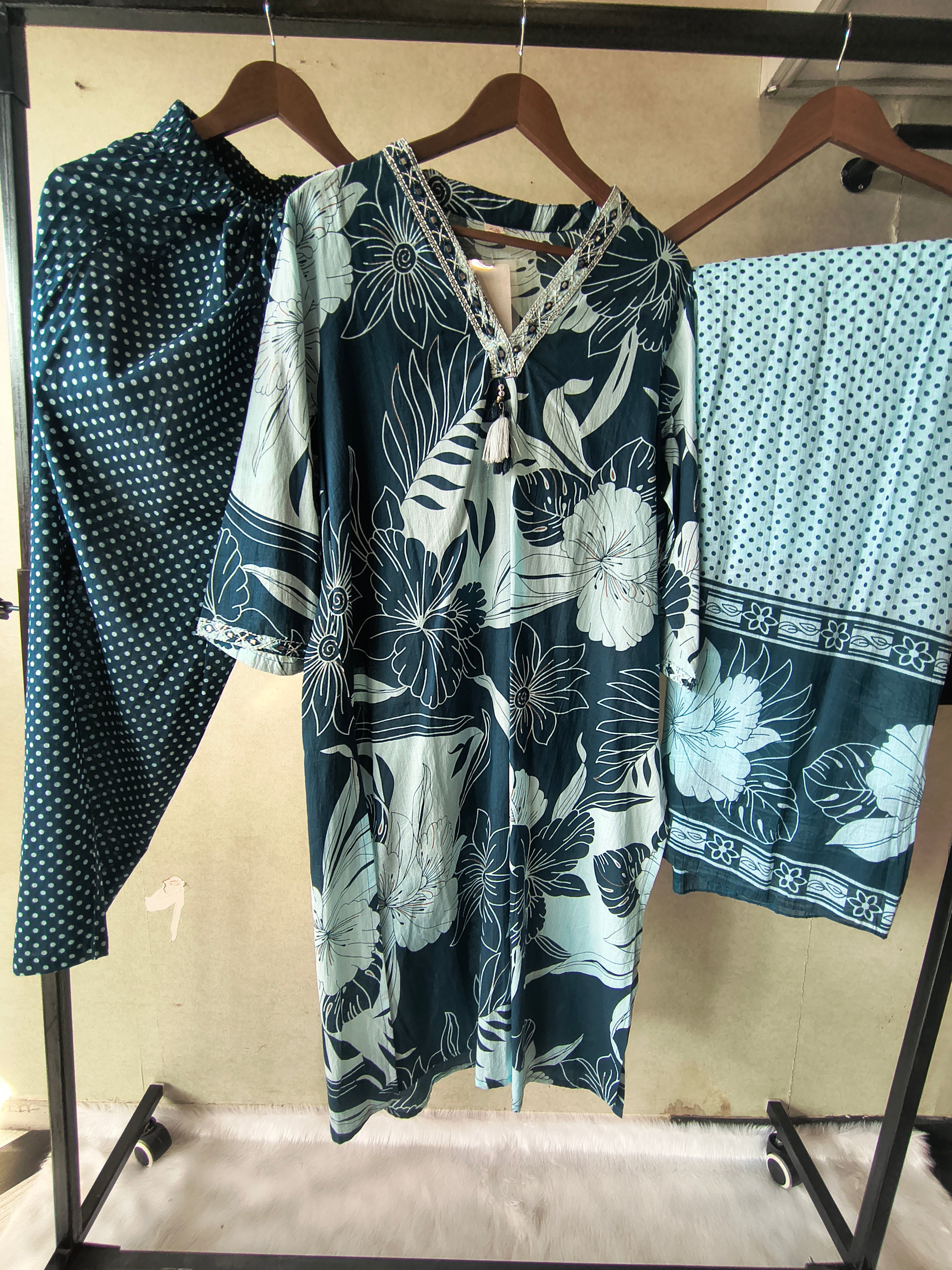 Image of Premium Navy Blue Floral Printed Kurta Set with Polka Dot Pants & Printed Dupatta